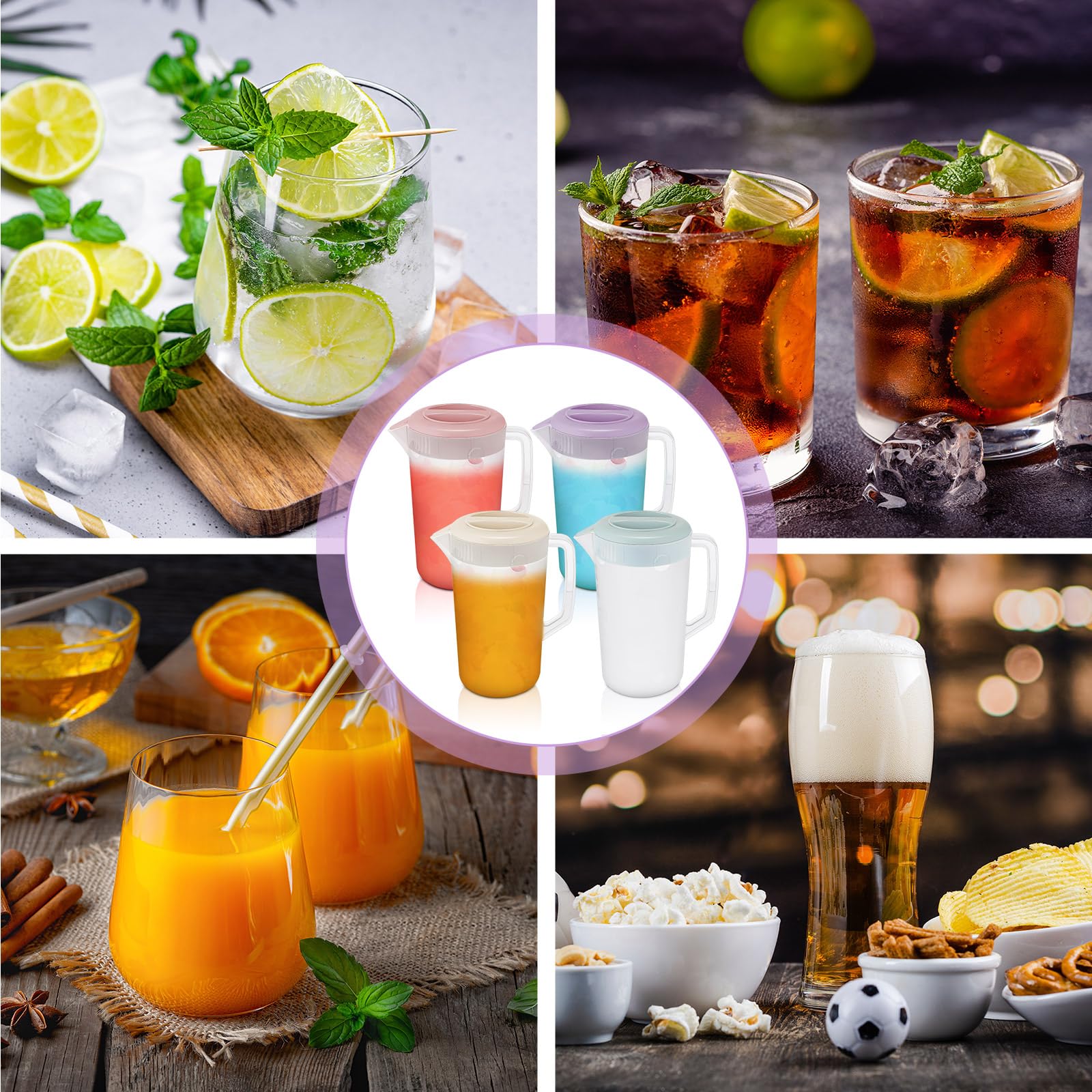 Uiifan 4 jarras de agua de plástico con tapa, boquilla y asa, jarra de plástico para zumo, bebidas de té, para nevera, jarra de agua, para limonada, leche, bebida fría, hogar, fiesta diaria