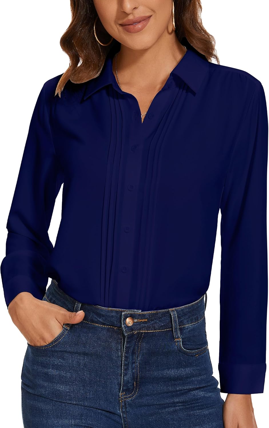 YAMANMAN Womens Button Down Shirts Long Sleeve Casual Chiffon Blouses Loose Pleated Collared Work Office Tops