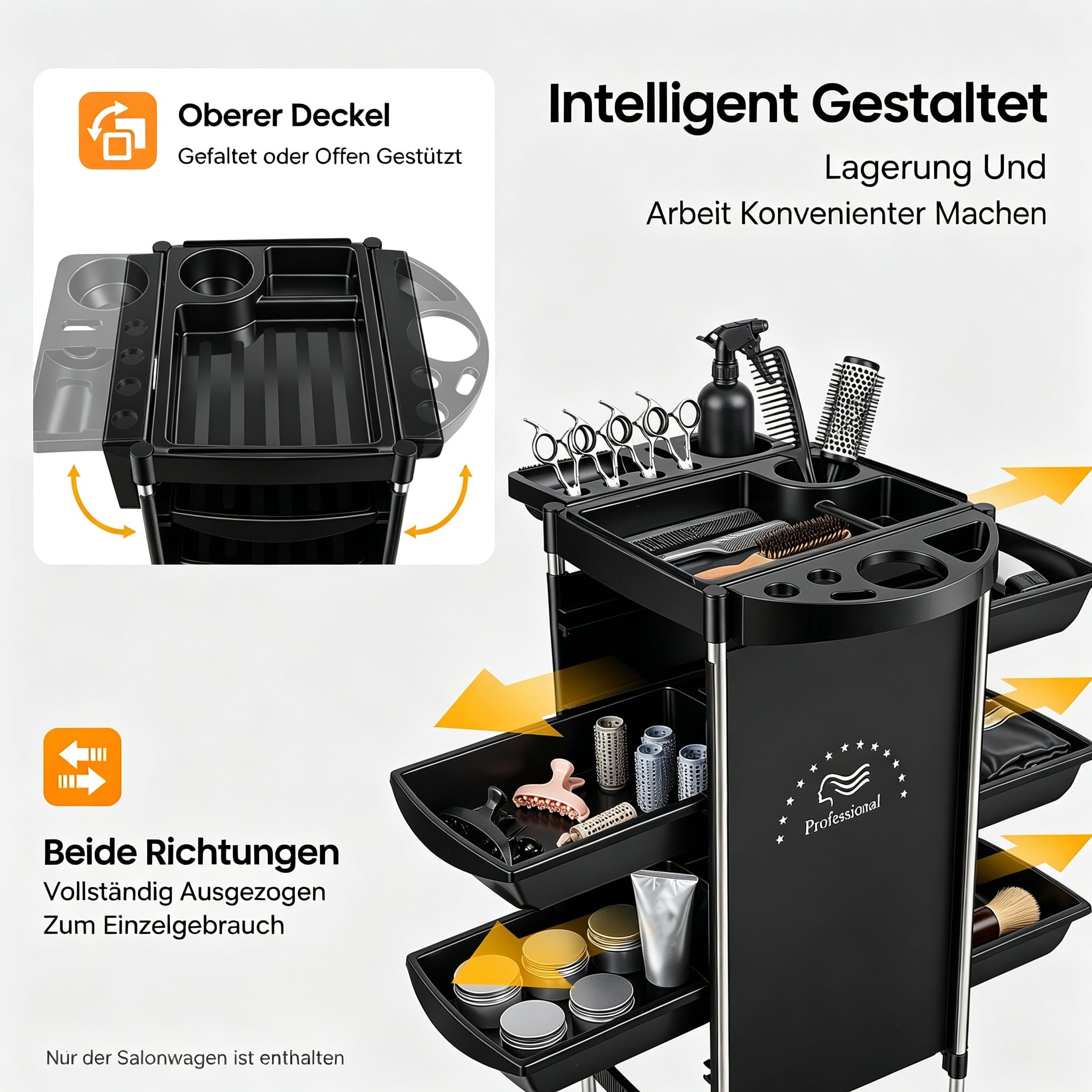 Friseurwagen mit Rollen, 36 * 85.5cm 5 Schubladen Salon Rollwagen Rechteckig mit Mehrere Aussparungen für Friseurbedarf, Schmuck, Kosmetika, Schwarz