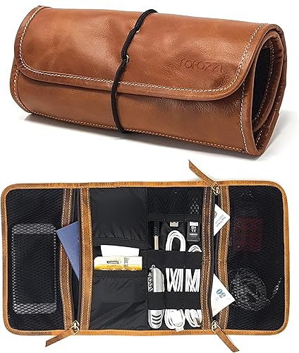 rofozzi Bolsa de cuero Tech, soporte para pasaporte para viajes, organizador de cables, bolsillos de malla con cremallera para unidad USB, teléfono,