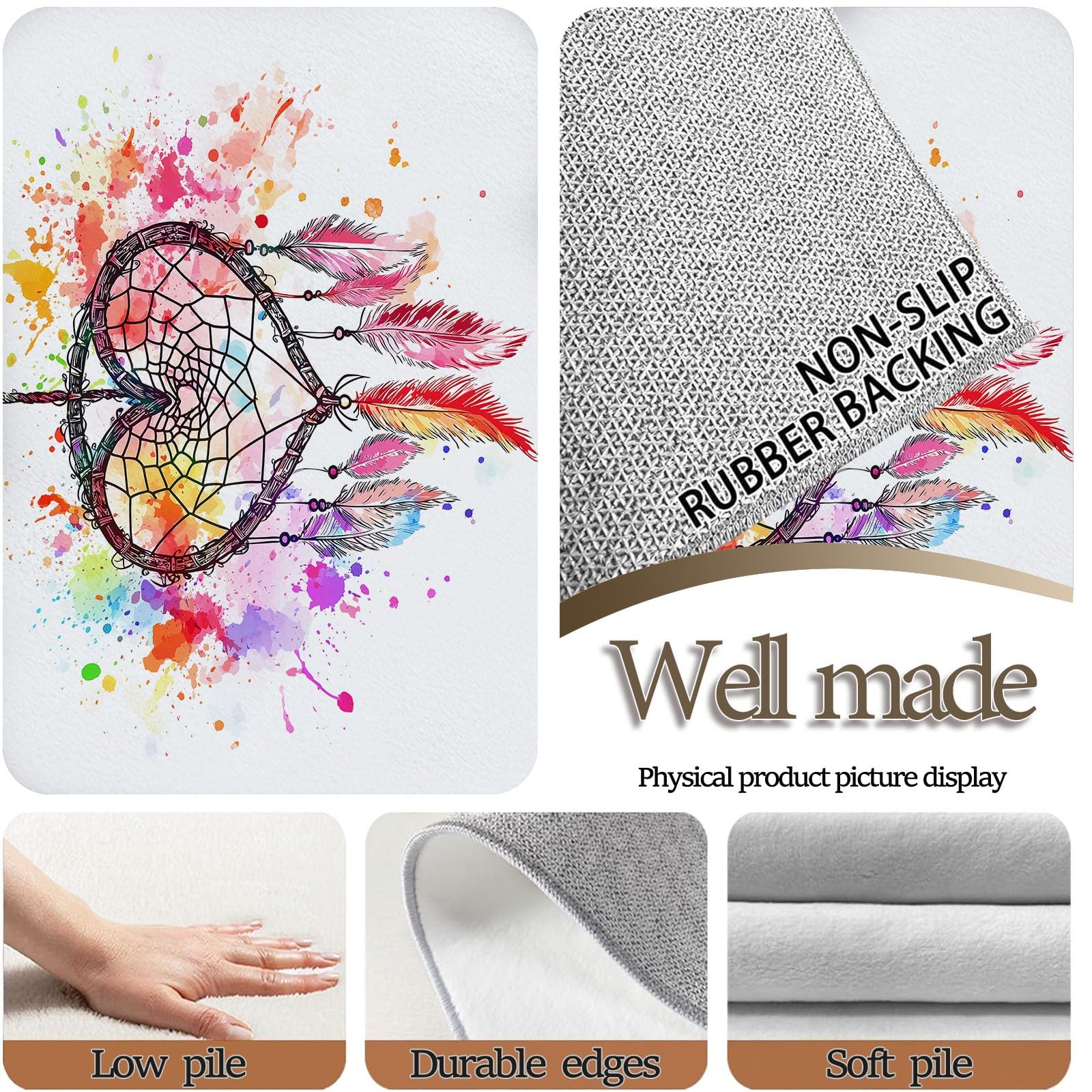 Spirituelle Boho-Kunst 80 x 150 cm Waschbar Teppich Wohnzimmer, Verträumt Traumfänger Federn Textur Rutschfest Teppich Schlafzimmer Mehrfarbig Kurzflor für Kinderzimmer Bettvorleger Spielzimmer