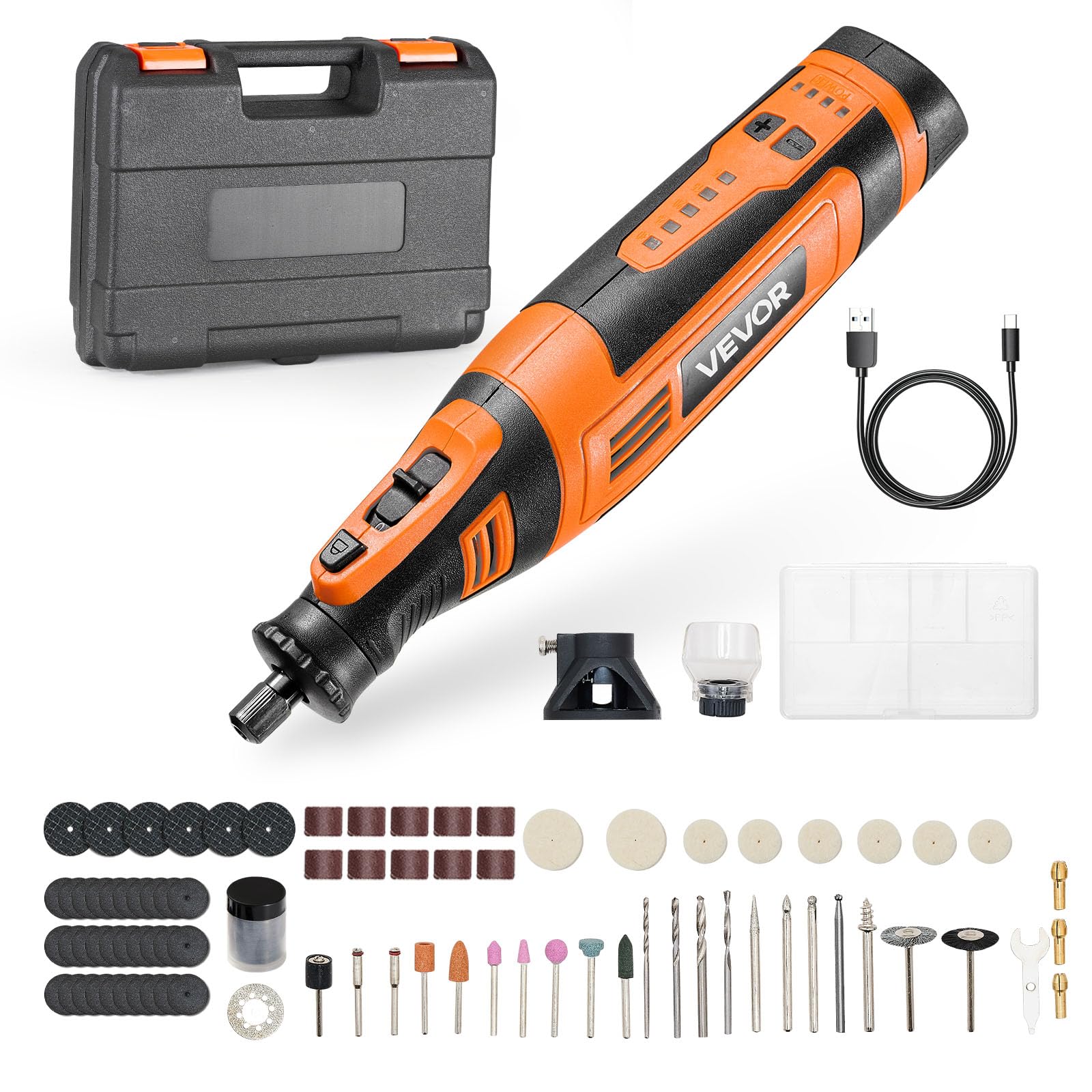 VEVOR Kit de Herramientas Rotativas Inalámbricas, 136 Piezas, Portátil, 8 V CC, 5 Velocidades de 5000-30 000 RPM, para Grabar, Lijar, Pulir, Tallar, Amolar, Cortar y Bricolaje, 225 x 50 x 50 mm