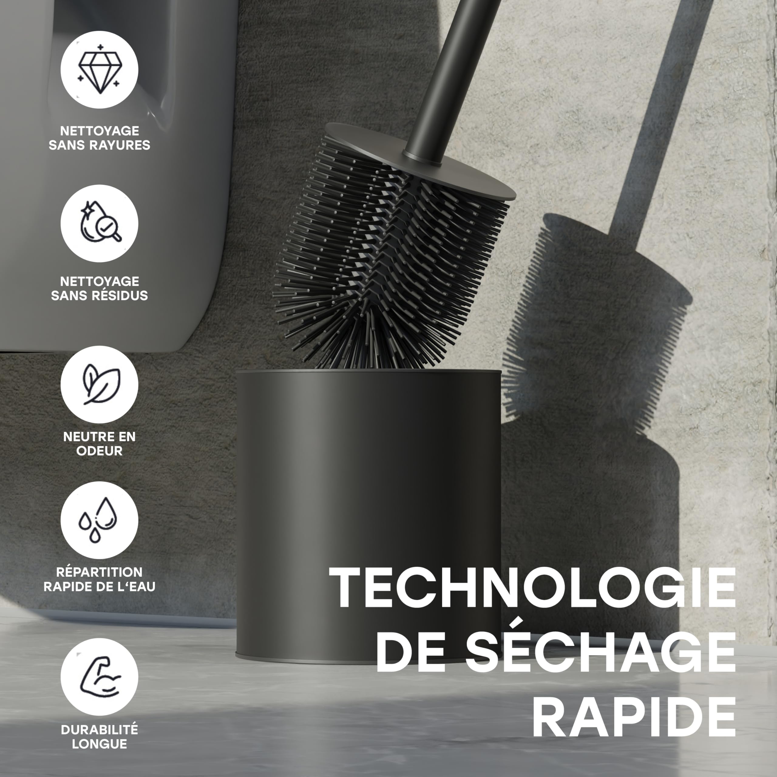 SAVEGA Balayette WC Silicone – Brosse Toilettes WC Noir Mat avec Support Acier INOX et Couvercle Anti-Éclaboussures – Design Élégant et Pratique