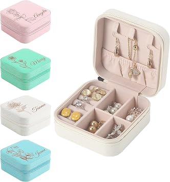 Custom Mini Jewelry Travel Case with Name & Birth Flower Month Personalized Leather Jewelry Box for Bride Wedding Birthday Gifts for Women, Customized Jewelry Organizer Box