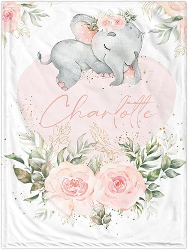 J&amp;SBGFT Manta personalizada para bebé niña, manta de bebé personalizada, manta de envoltura con nombre de niña, mantas de recepción de elefante,