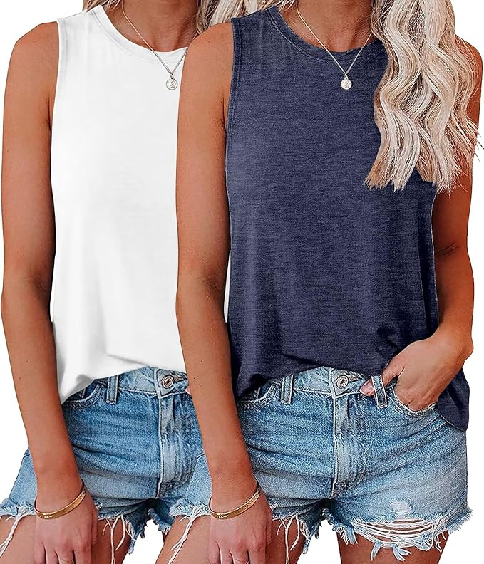 KKJ 2 Pack Womens Tank Tops Workout Tees Summer Clothes Fashion Outfits Crew Neck Sleeveless Loose Fit Fall Casual Shirts