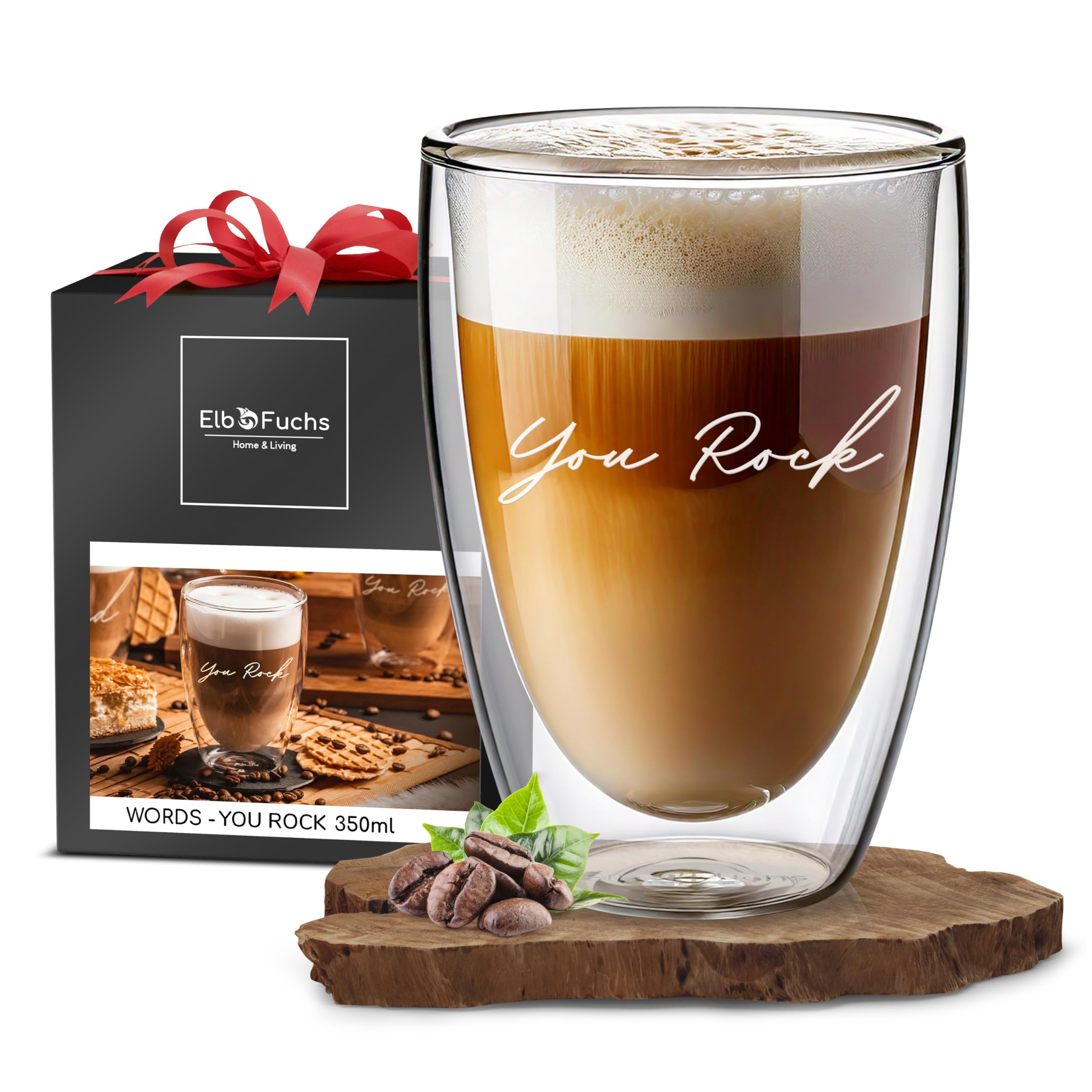 ElbFuchs® Doppelwandiges Latte Macchiato Glas | YOU ROCK | 1x 350ml [GESCHENK FÜR DIE LIEBSTEN] Ideal als Geschenk für beste Freundin | Lieblingsmensch Geschenk | Glas mit Gravur