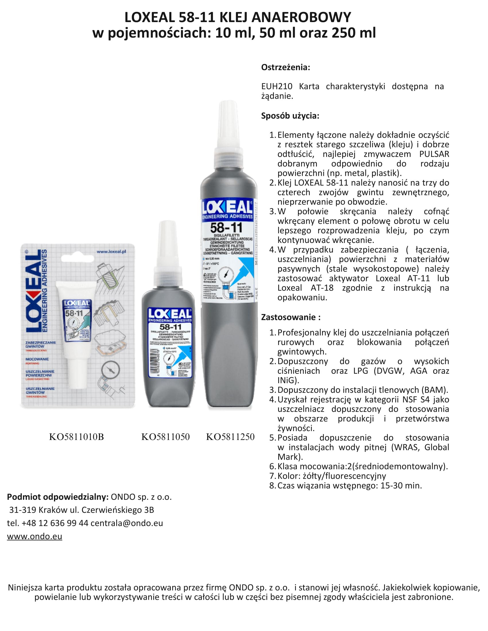 LOXEAL 58-11 USZCZELNIACZ DO GWINTÓW ŚREDNIEJ MOCY 250 ml
