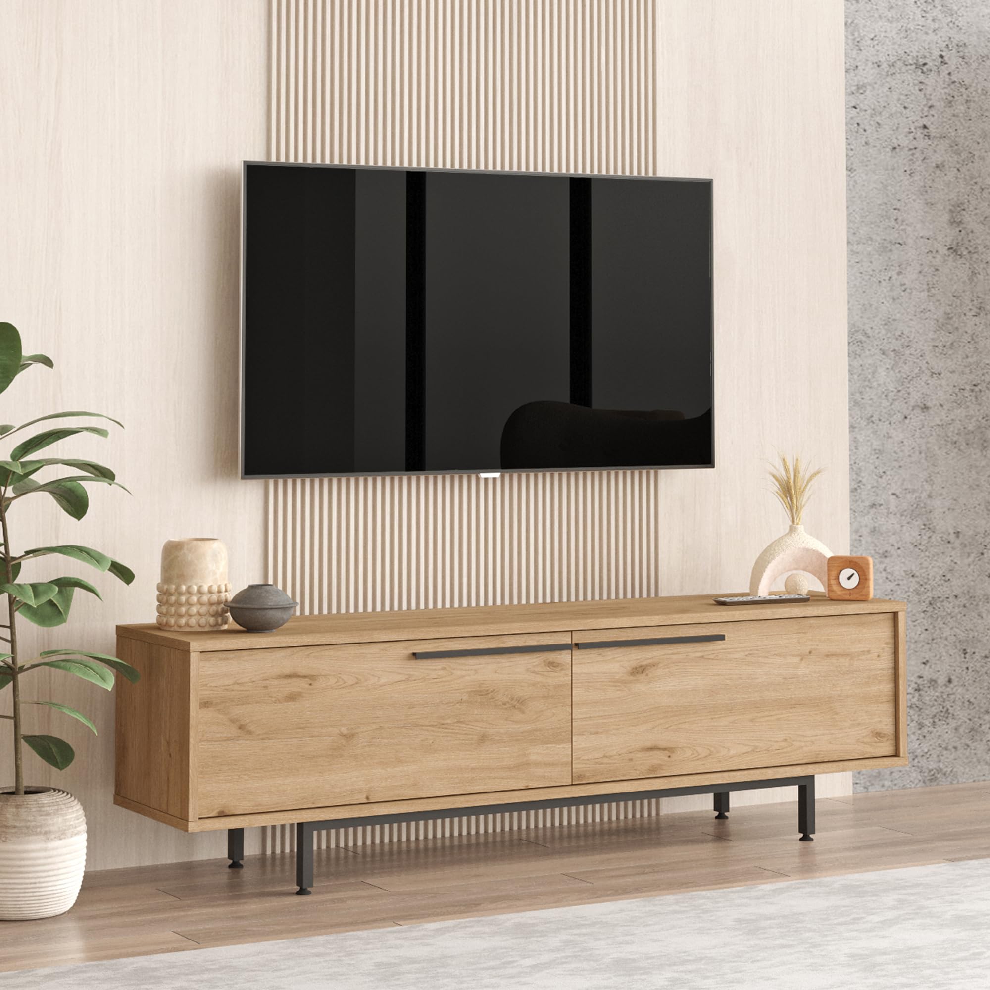 [en.casa] TV Schrank Urejovle Lowboard mit 2 Türen TV Board Eichenoptik Fernsehtisch TV Kommode Fernsehschrank 160 x 36 x 45 cm Metallgestell