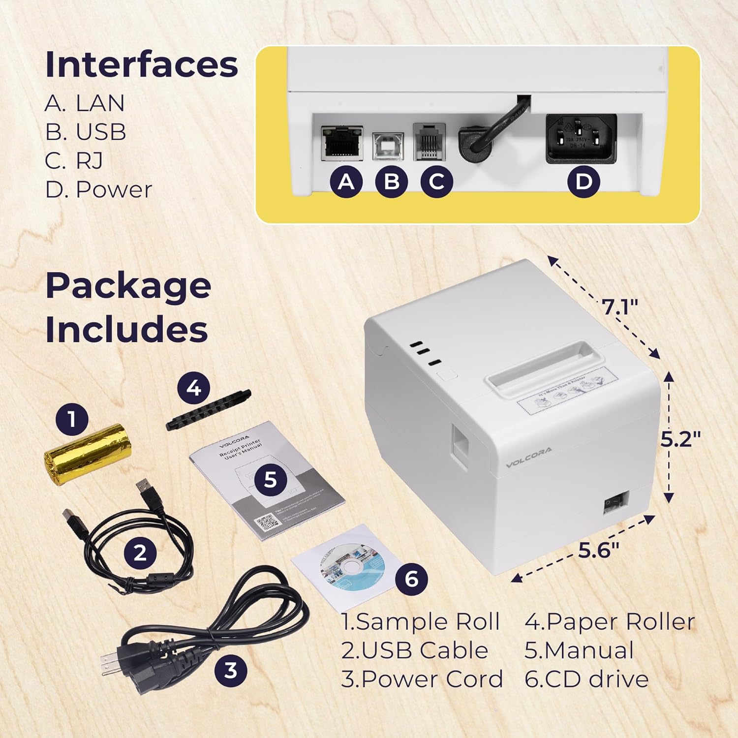 Image showing the Volcora printer and its included accessories: sample paper roll, USB cable, power cord, paper roller, manual, and CD drive.
