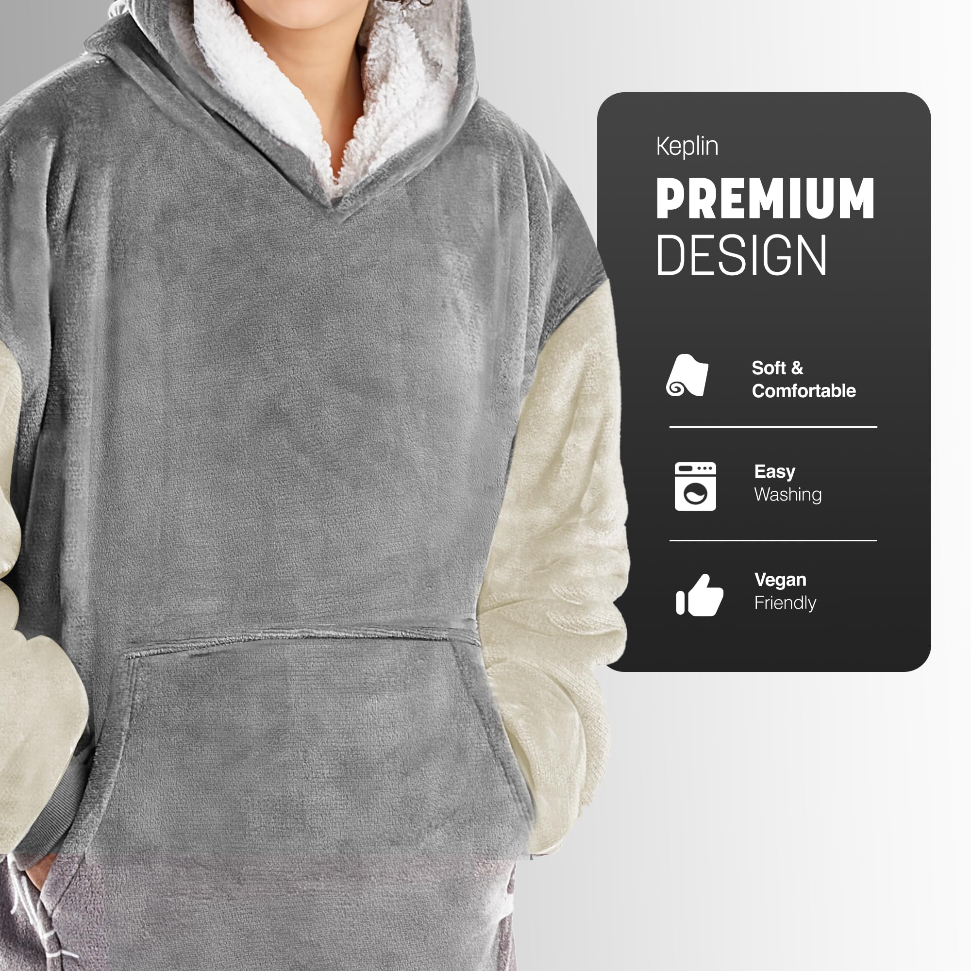 KEPLIN Oversized Blanket Hoodie, Thermal & Soft Hoodie Blanket with Sherpa Lining, Large Pocket & Elasticated Cuff Sleeves - Image 3