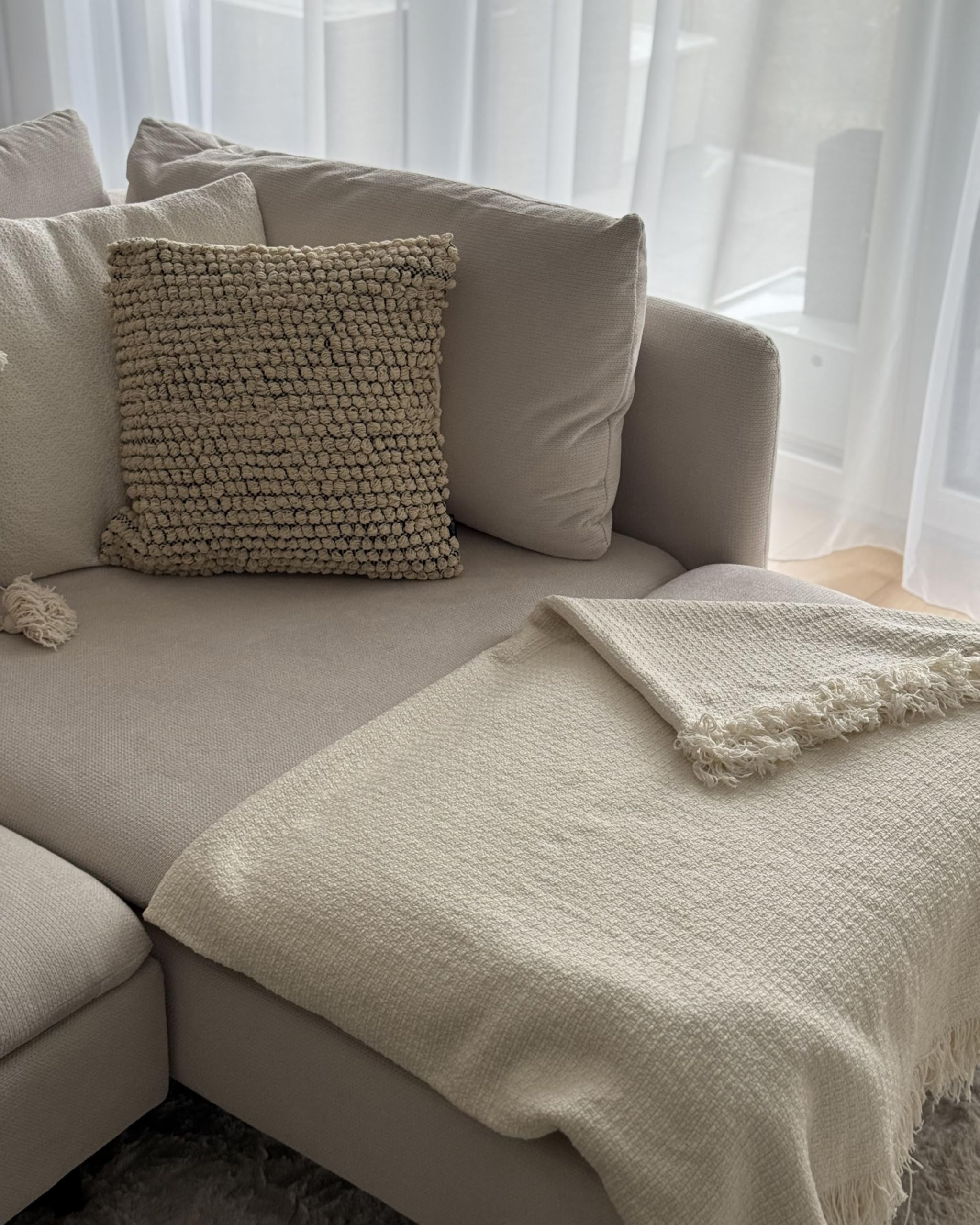 Tagesdecke Baumwolle creme weiß 220x240 cm mit Fransen modern Yerbent