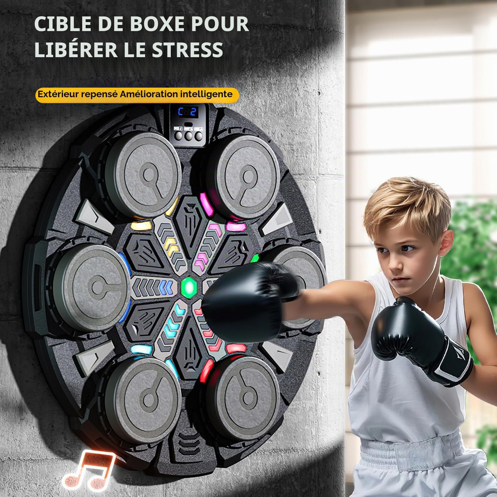 Machine de boxe musicale pour enfants, avec musique, gants de boxe, 6 modes de vitesse et 3 modes de numéro, Bluetooth, avec câble de charge USB, lumière LED pour enfants/adultes
