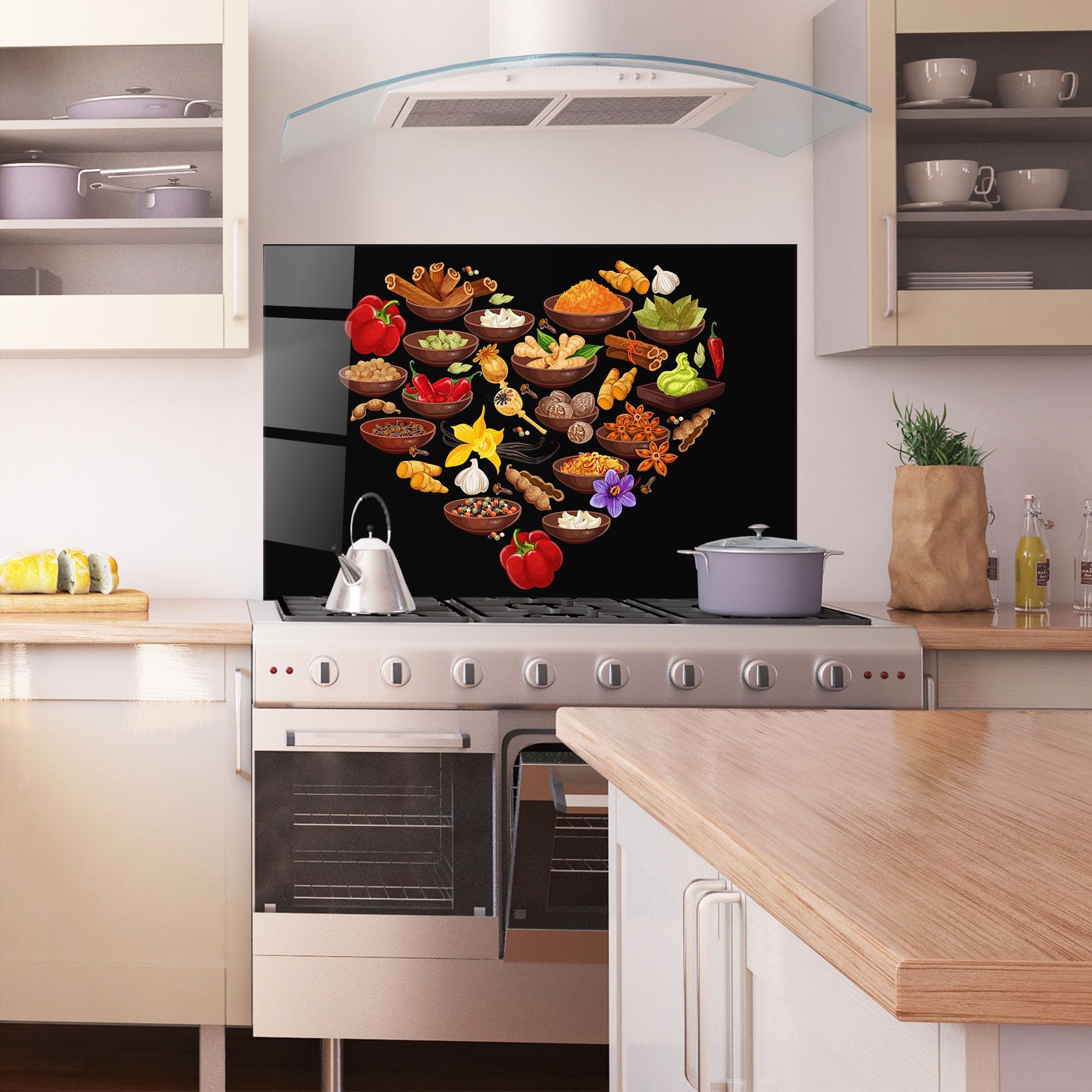 ARTHUB® Crédence de Cuisine en Verre 70x100 cm, Seasoning Heart | Protection Contre Les éclaboussures, Revêtement Mural en Carreaux, Plaque en Verre, Verre trempé, Aliments, Épices