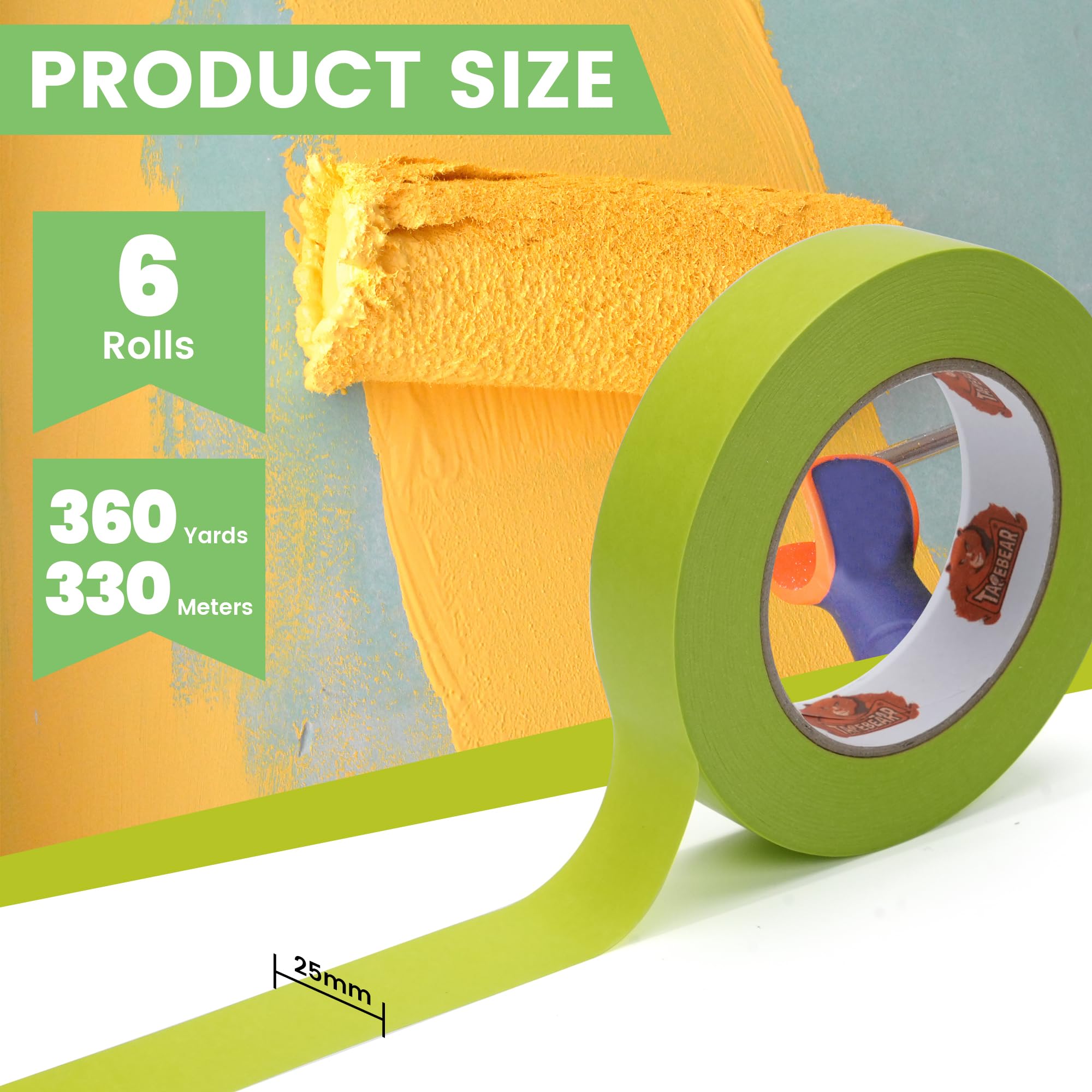 TAPEBEAR Nastro per Pittura 25mm x 55m x 6 Rotoli, Medium Adesione per Linee Nitide, Rimozione Pulita Fino a 21 Giorni, per Interni ed Esterni su Pareti, Auto e Etichettatura