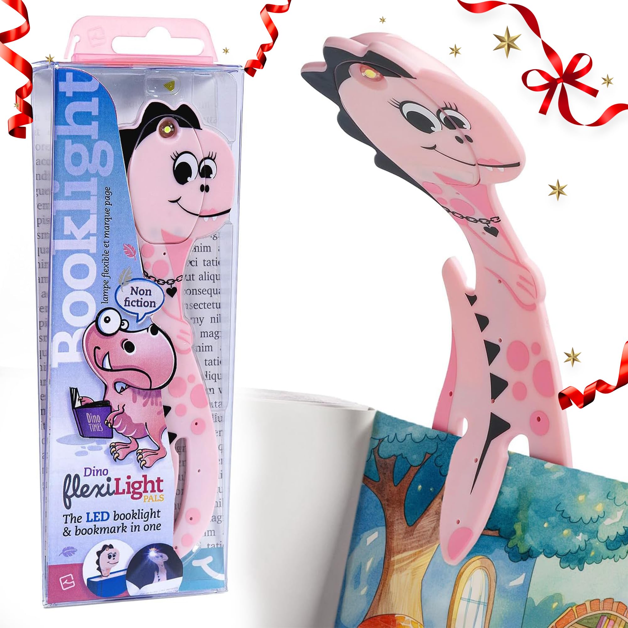 Gifts for Readers & Writers Book Light for Kids, Clip On Reading Light for Bed, 2in1 Flexilight Pals & Bookmark, Small & Lightweight with a Soft Glow, 2 Batteries Included, Dino Pink