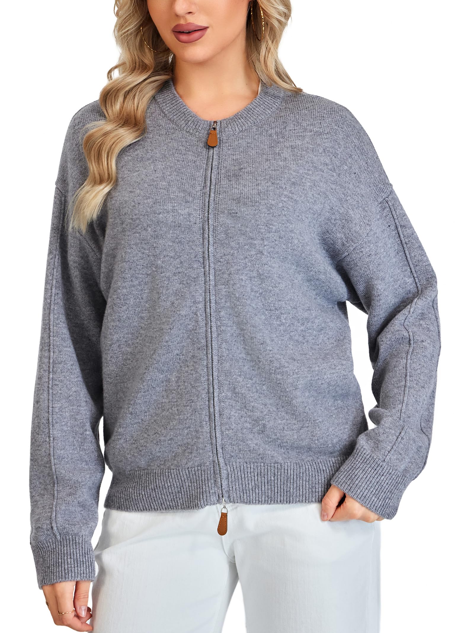 VETLURY Damen Strickjacke 100% Merinowolle mit Doppelreißverschluss - Rundhals Cardigan Elegant für Übergangszeit