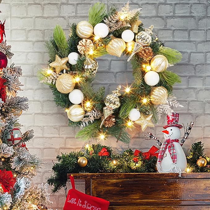 24 Inch Lighted Christmas Wreath, Pre-Lit Christmas Wreath with Pinecones and Gold Accents, Warm White Light Outdoor Pine Wreath Home Decorations for Front Door, Window - Gold