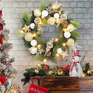 24 Inch Lighted Christmas Wreath, Pre-Lit Christmas Wreath with Pinecones and Gold Accents, Warm White Light Outdoor Pine Wreath Home Decorations for Front Door, Window - Gold