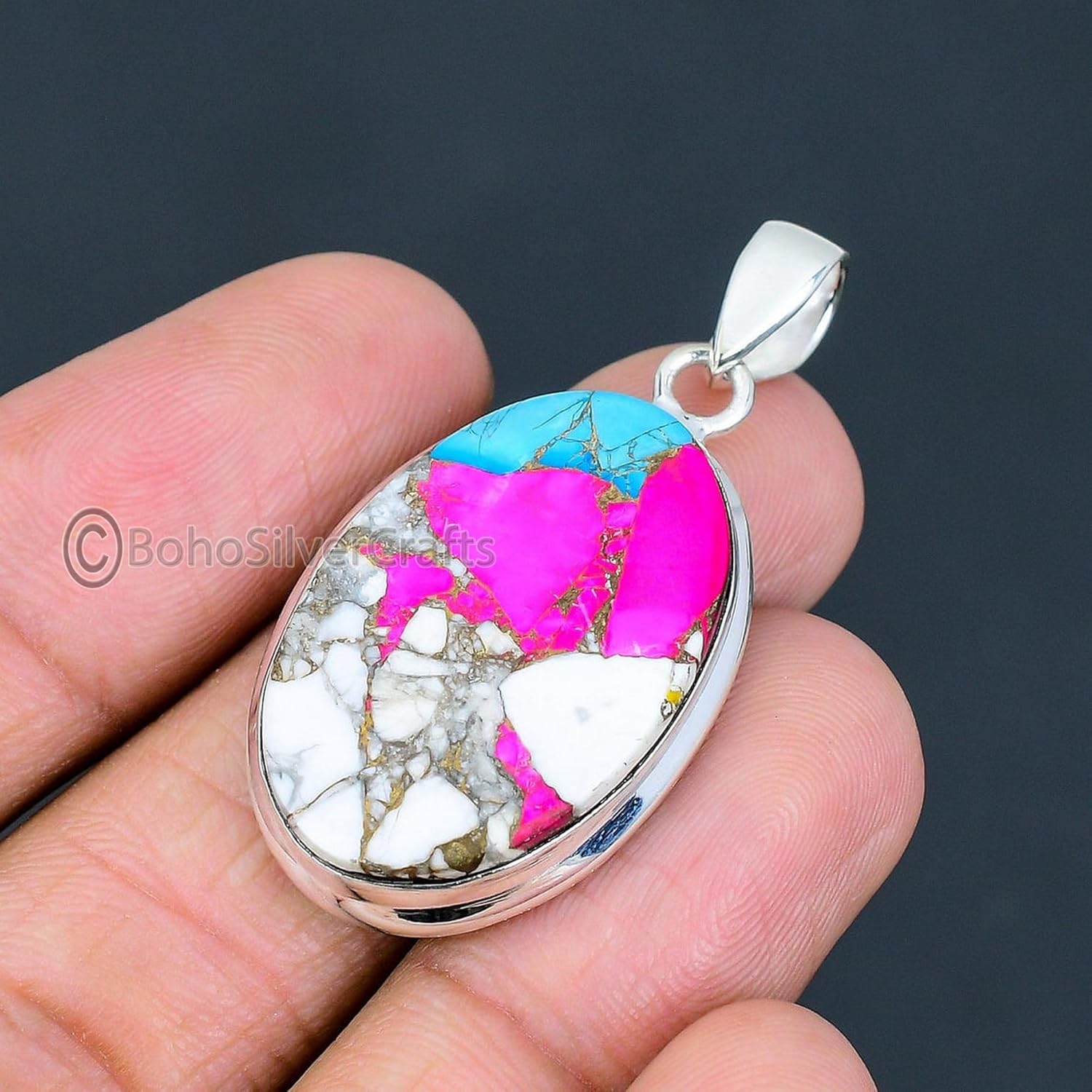 Cotton Candy Turquoise Necklace, 925 Sterling Silver, Oval Gemstone, Bohemian Jewelry, Statement Pendant, Minimalist Turquoise Pendants, Thanksgiving Gift