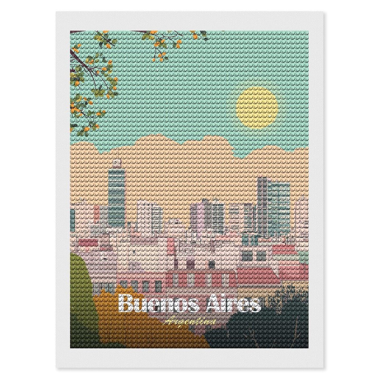 Junmoney Buenos Aires Argentina Cityscape Illustration(2) Diamond Art Canvas 12"x16", Easy Handmade Project, Complete Accessories, Bedroom Decor, Birthday Gift