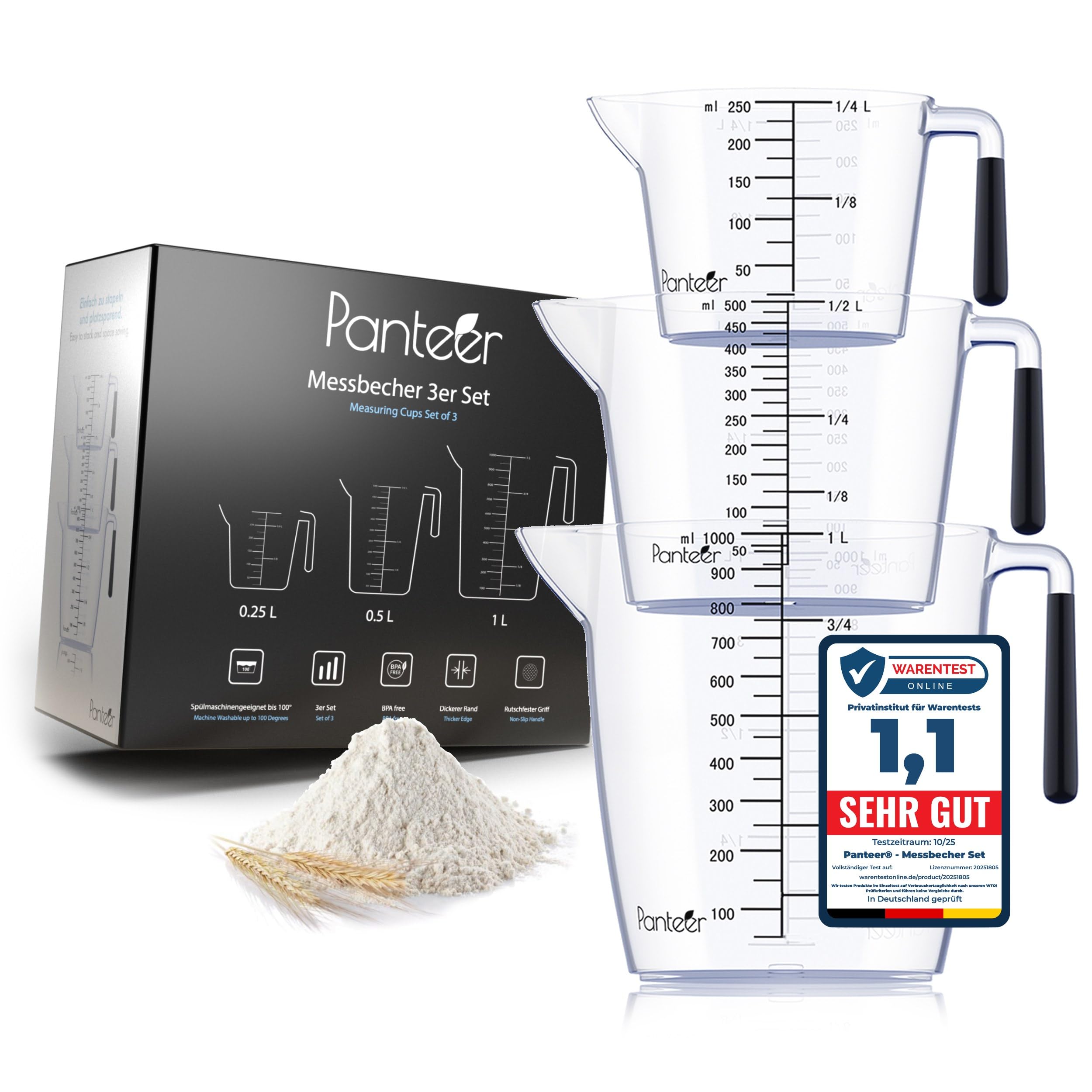 Panteer® Messbecher Set – 3 Stück (1L, 500ml, 250ml) – BPA-frei, Hitzebeständig und Spülmaschinenfest bis 90°C – Küchen- & Back Zubehör