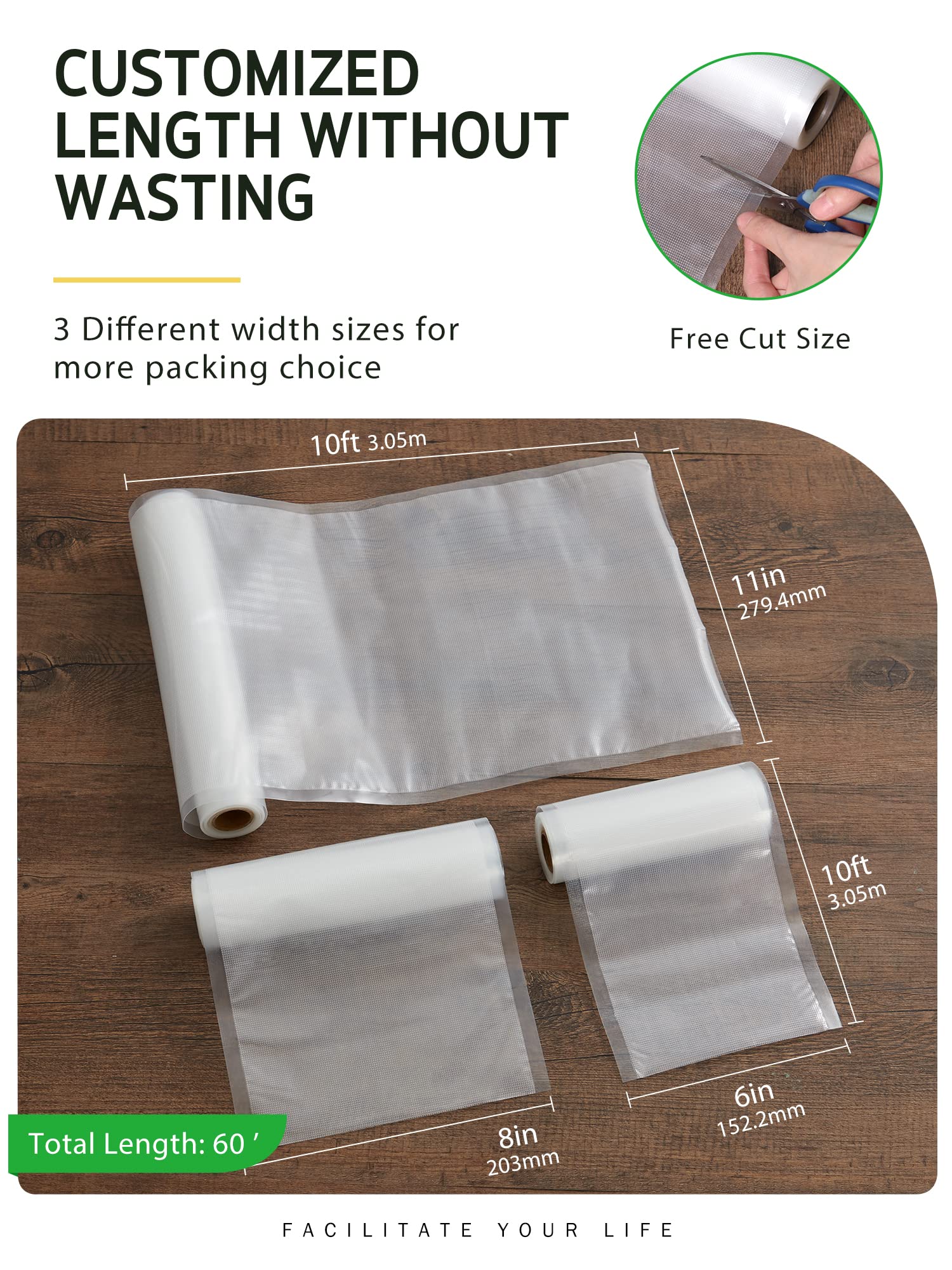 Syntus Bolsas selladoras al vacío, paquete de 6 rollos de bolsas de grado comercial de 11 x 10 pies y 8 pulgadas x 10 pies y 6 pulgadas x 10 pies, bolsas de vacío de alimentos para almacenamiento