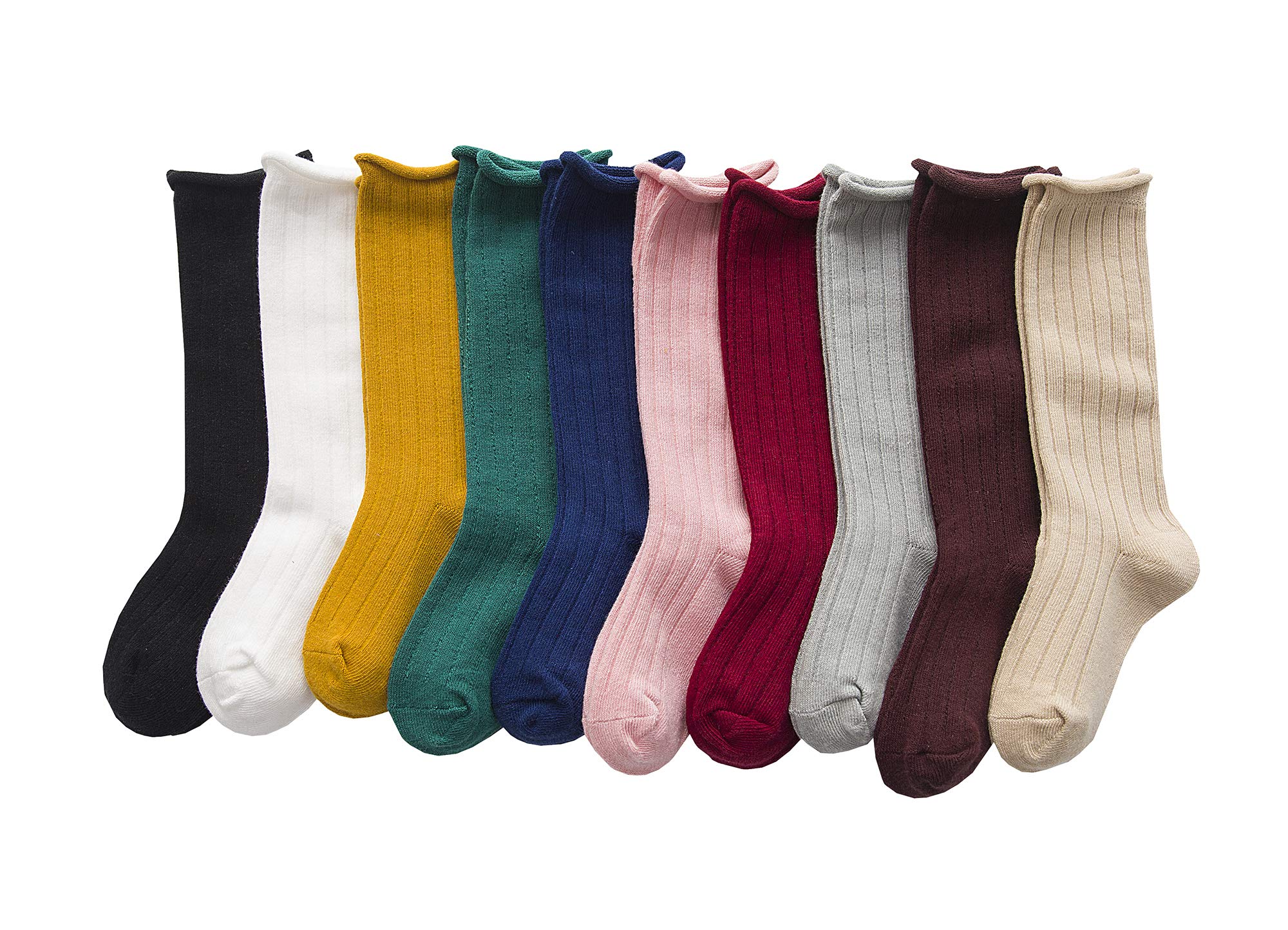 TESOONKid Girls Cotton Seamless Turn Cuff Socks 5-10 Pack, 10p-10c, 7-10 years