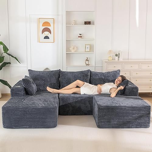 MAXYOYO 104" U-Shaped Modular Sectional Couch, Modern Boneless Couch for Living Room, Sofa in A Box, Oversized Sofa Sleeper with Deep Seat, No Assembly Required, Dark Grey