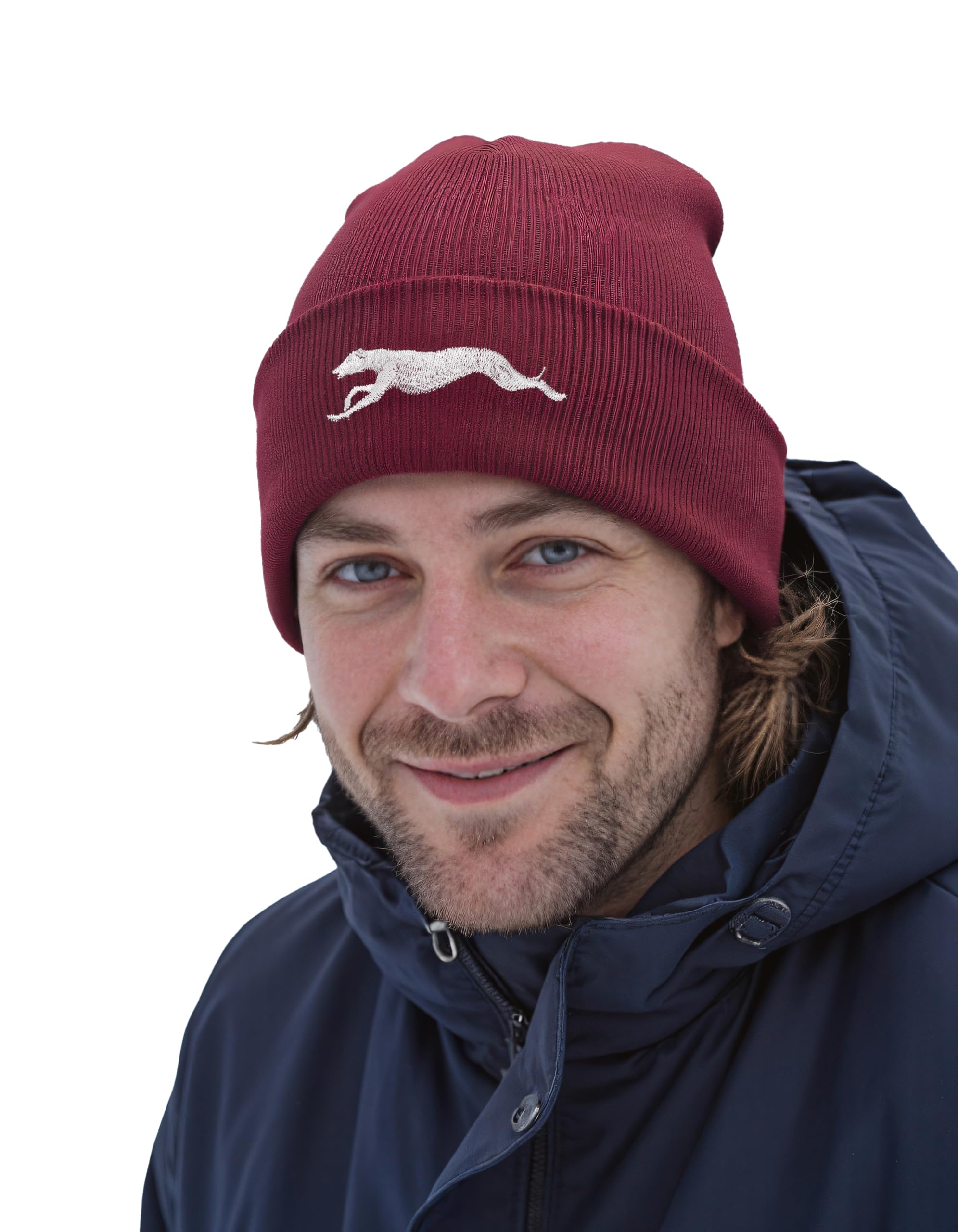 The House Of Dog Greyhound Lurcher Owner Gift. Classic Cuffed Unisex Beanie Ski Hat with Embroidered Design. Burgundy