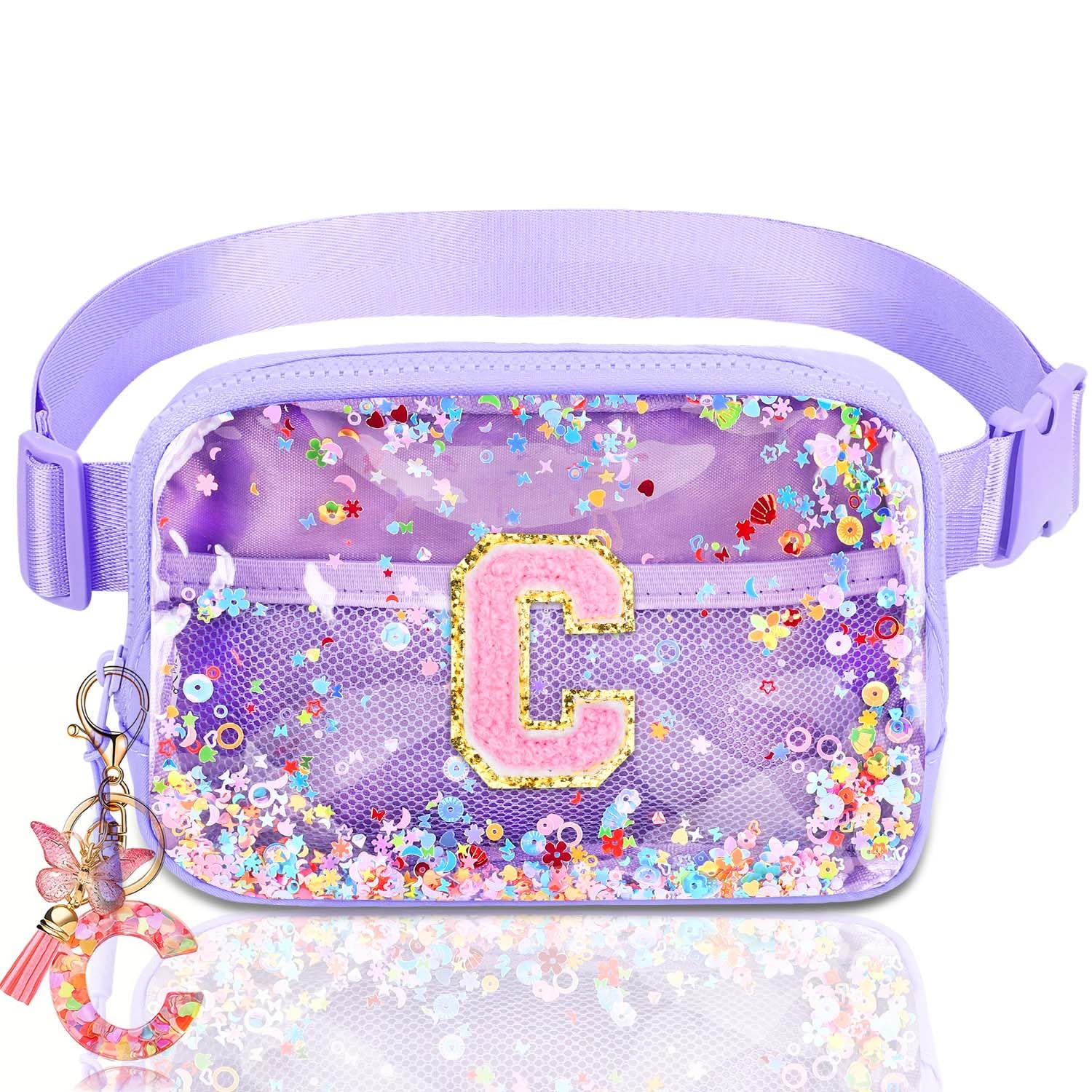 Initial Fanny Pack for Girls - Belt Bag for Teens Kid Teen Girl Kid Birthday Gift Clear Purple C