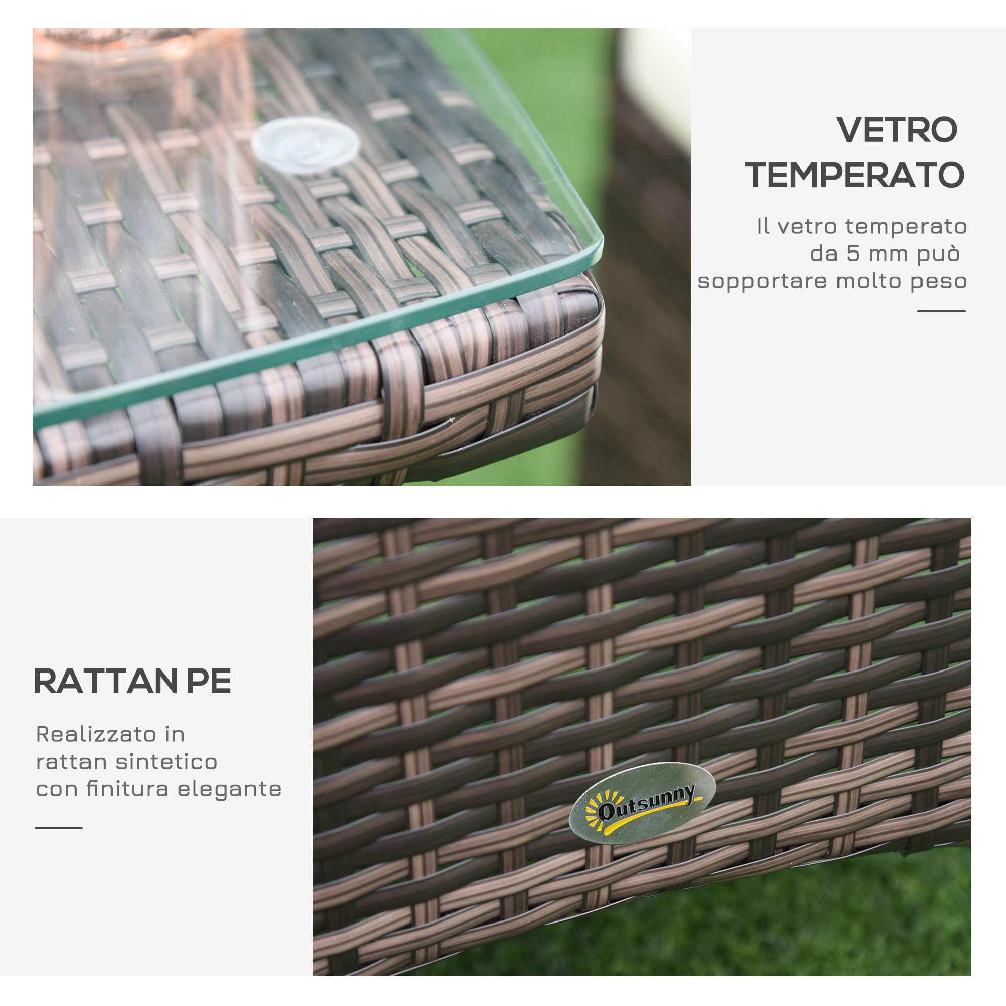 Outsunny Set Mobili da Giardino Rattan Set Arredamento Giardino 3pz Tavolo con 2 Sedie con Cuscini Marrone