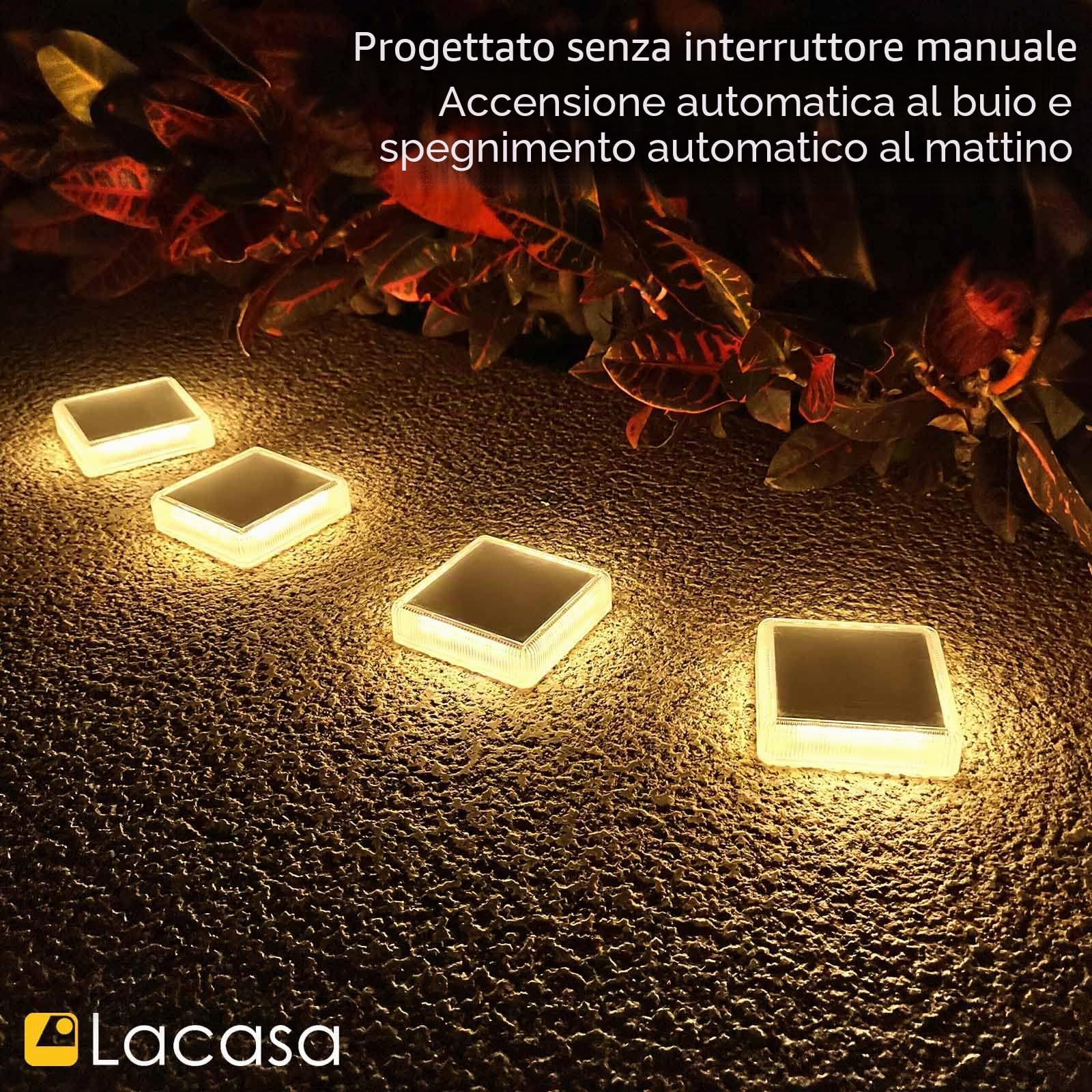 Lacasa Luci Solari Giardino, 4 Pezzi 30LM LED Lampada Solare da Esterno IP68 Impermeabile Luci per Sentieri Auto On/Off Luce Solare per Ponte Passo Vialetto Scale, Bianco Caldo 2700K Quadrato