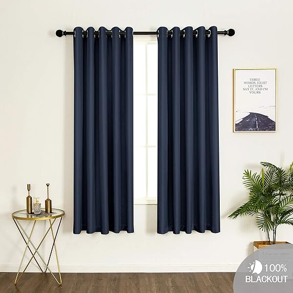 COASTLINE Ultra Soft Satin Navy Blue 100% Blackout Eyelet Curtain Window Treatment Drapes 2 panels for Bedroom, Livingroom, Kids Nursery Room W66 x L54 inch - 2
