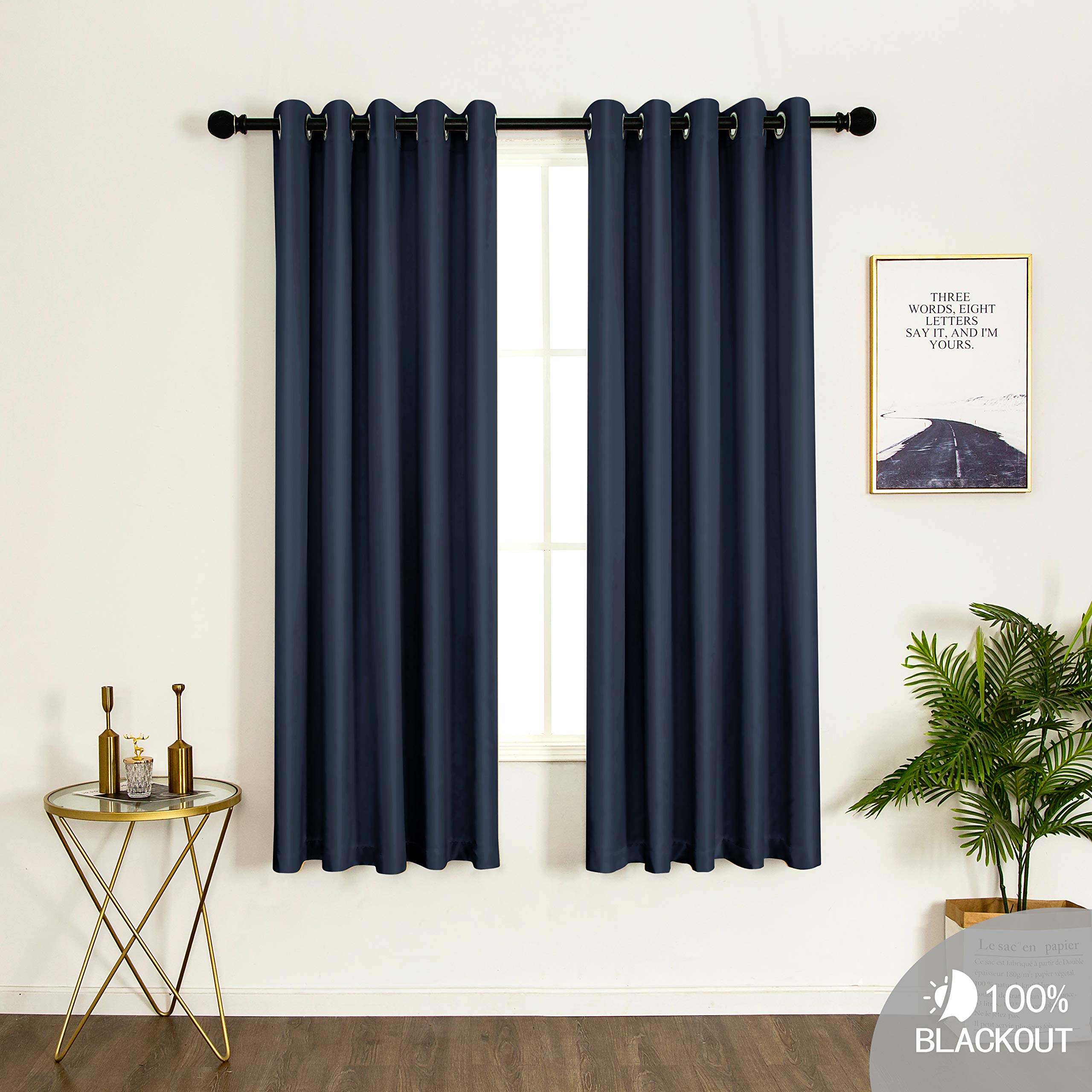 COASTLINE Ultra Soft Satin Navy Blue 100% Blackout Eyelet Curtain Window Treatment Drapes 2 panels for Bedroom, Livingroom, Kids Nursery Room W66 x L54 inch — view 2