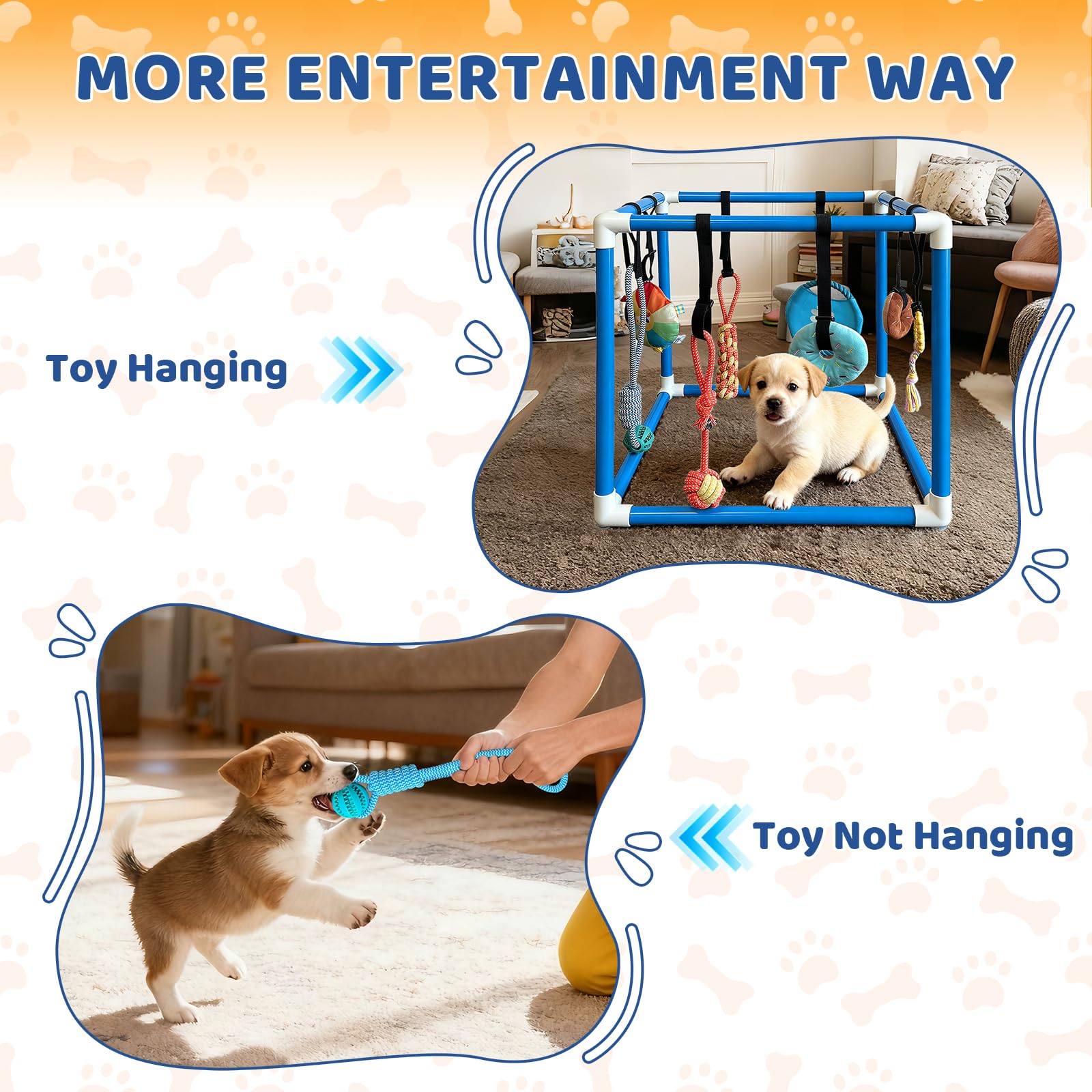 Welpenspielstudio mit 8 hängenden Spielzeugen, interaktives Welpenspielzeug für kleine Rassen, Indoor-Spiel-Fitnessstudio für Langeweile, Bereicherung, Aktivität, Zahnen, PVC-Rahmen, dehnbares