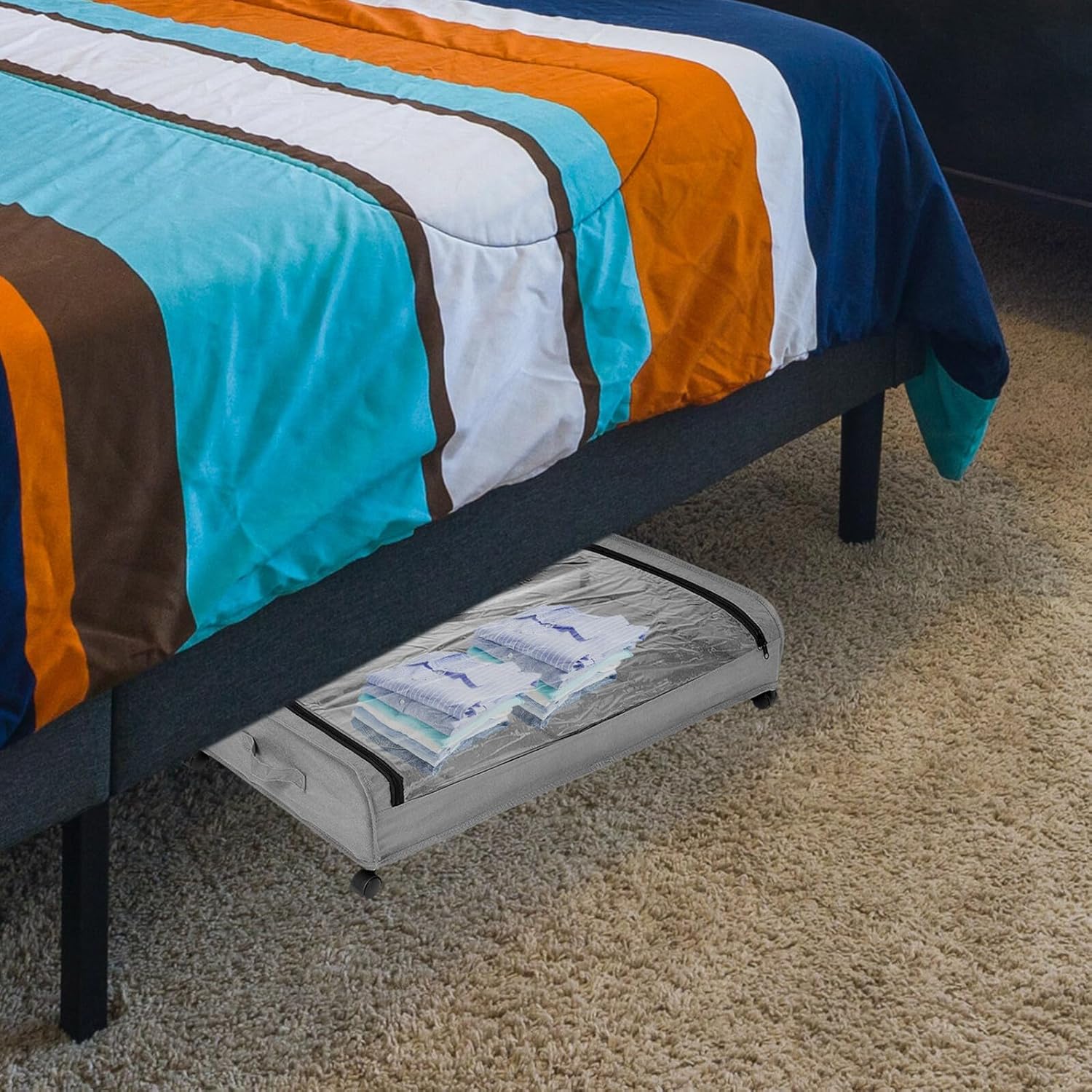 Bed Storage Container with Wheels Large Space-saving Bed Storage Organizer Metal Frame with Fabric Base Pull-out Clothes for Small Bedrooms