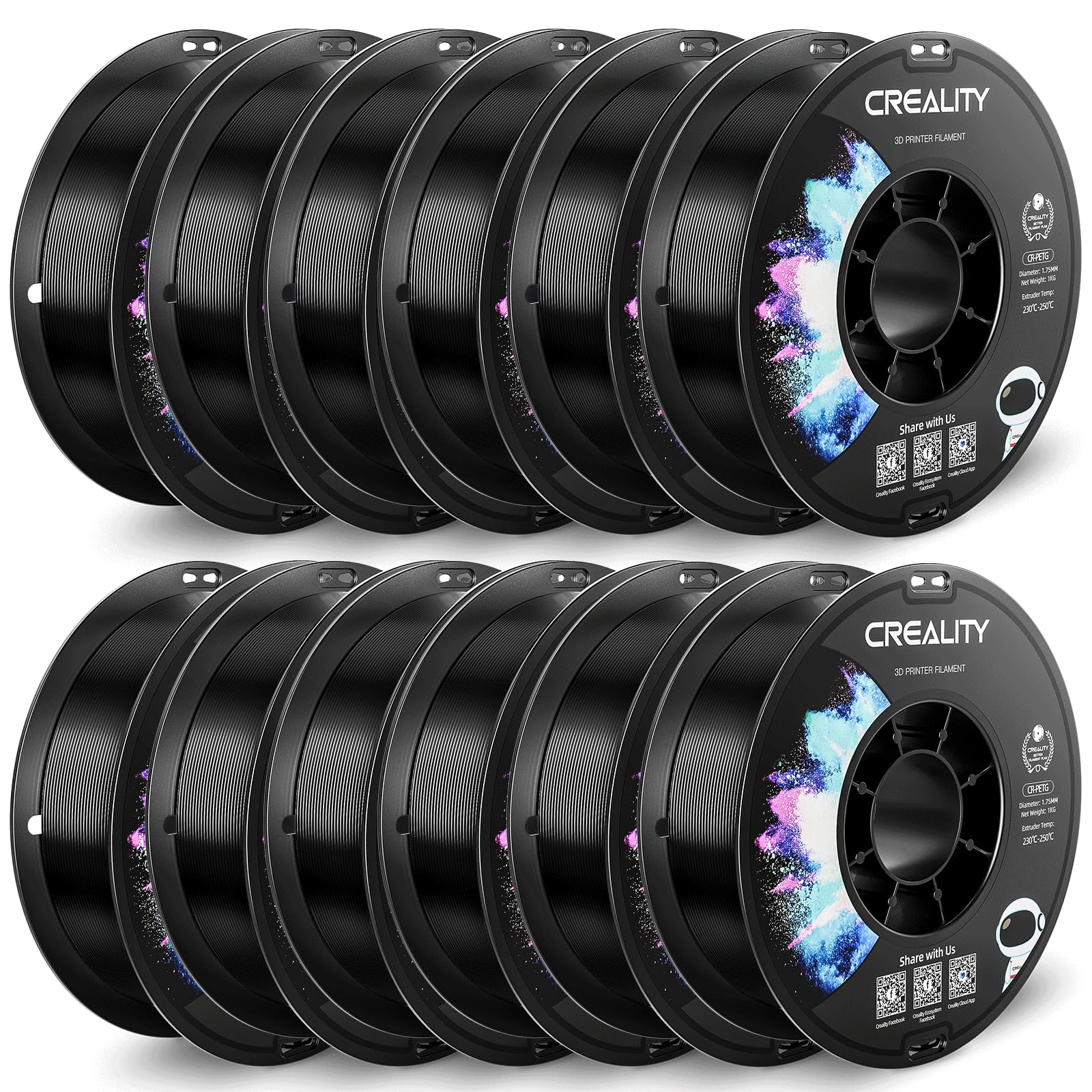 Creality PETG 3D Printer Filament 1.75mm 12KG (26.4lbs), Black(12-Pack)