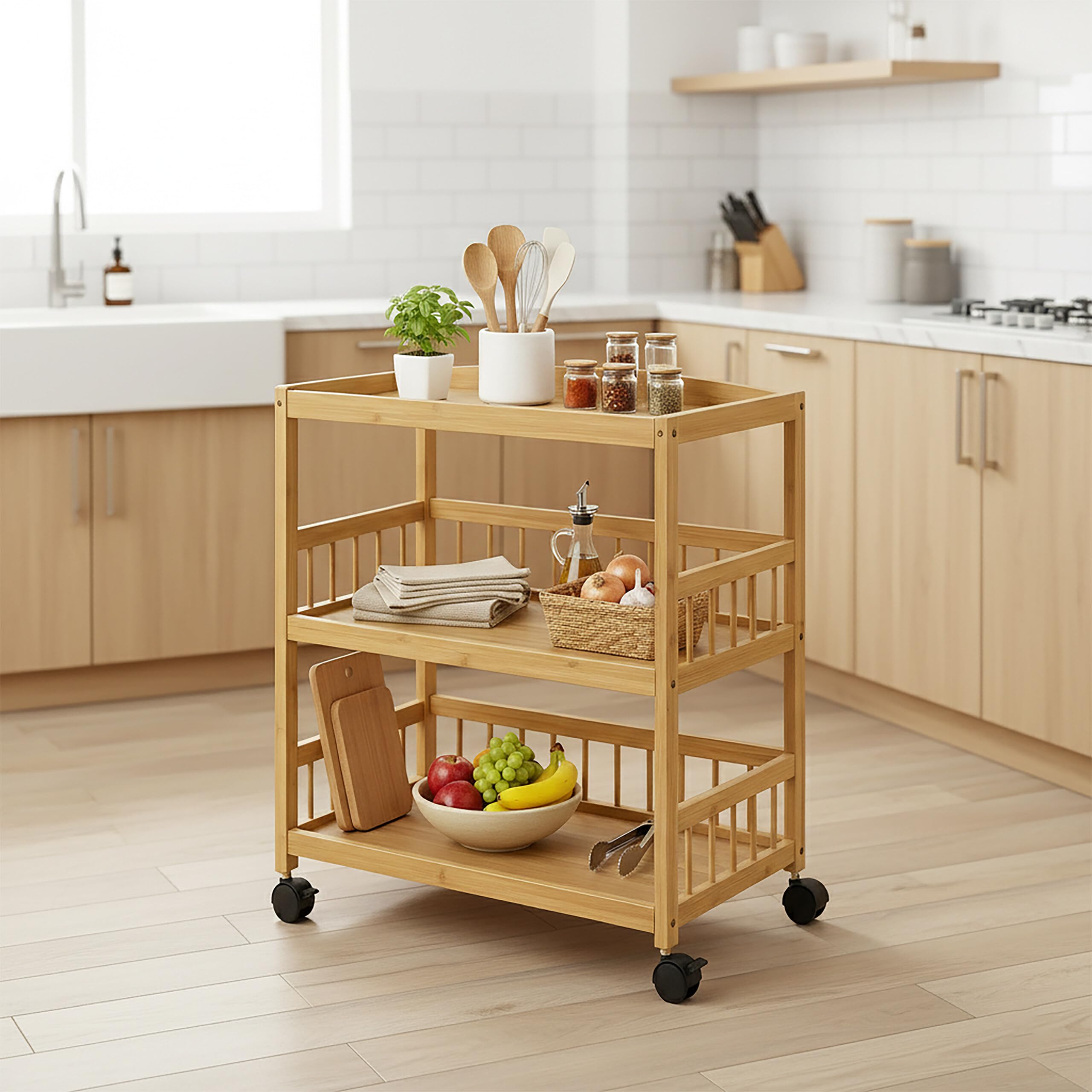 Carrello da Cucina Relaxdays, bambù, 3 Ripiani, per spezie e Alimenti, H x L x P: 80 x 53 x 30 cm, Carrello Naturale