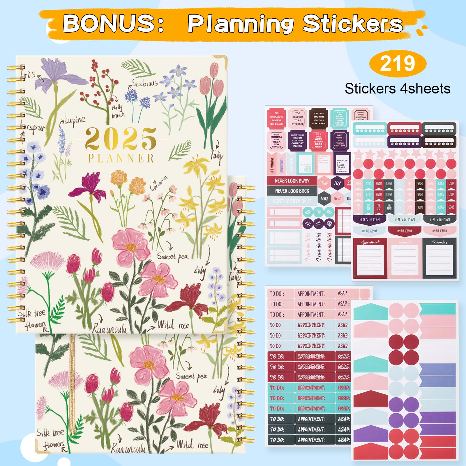 VinTS 2025 Planner - 8.5x11 Large Weekly Monthly Dated Organizer With Stickers