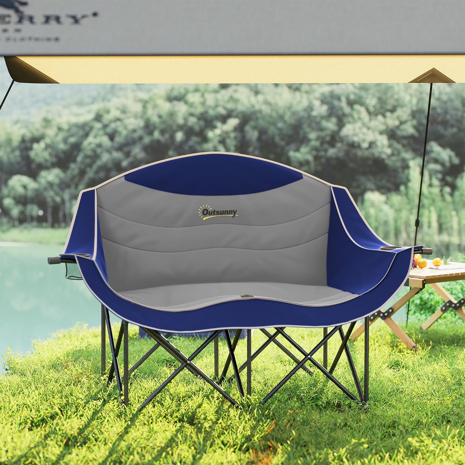 Outsunny Double Camping Chair for Adults, Padded Folding Camp Chair for 2 Person with Armrest, Wine Glass Holder, Cup Holder, Carry Bag for Outdoor Sports, Picnics, Supports up to 552 lbs.
