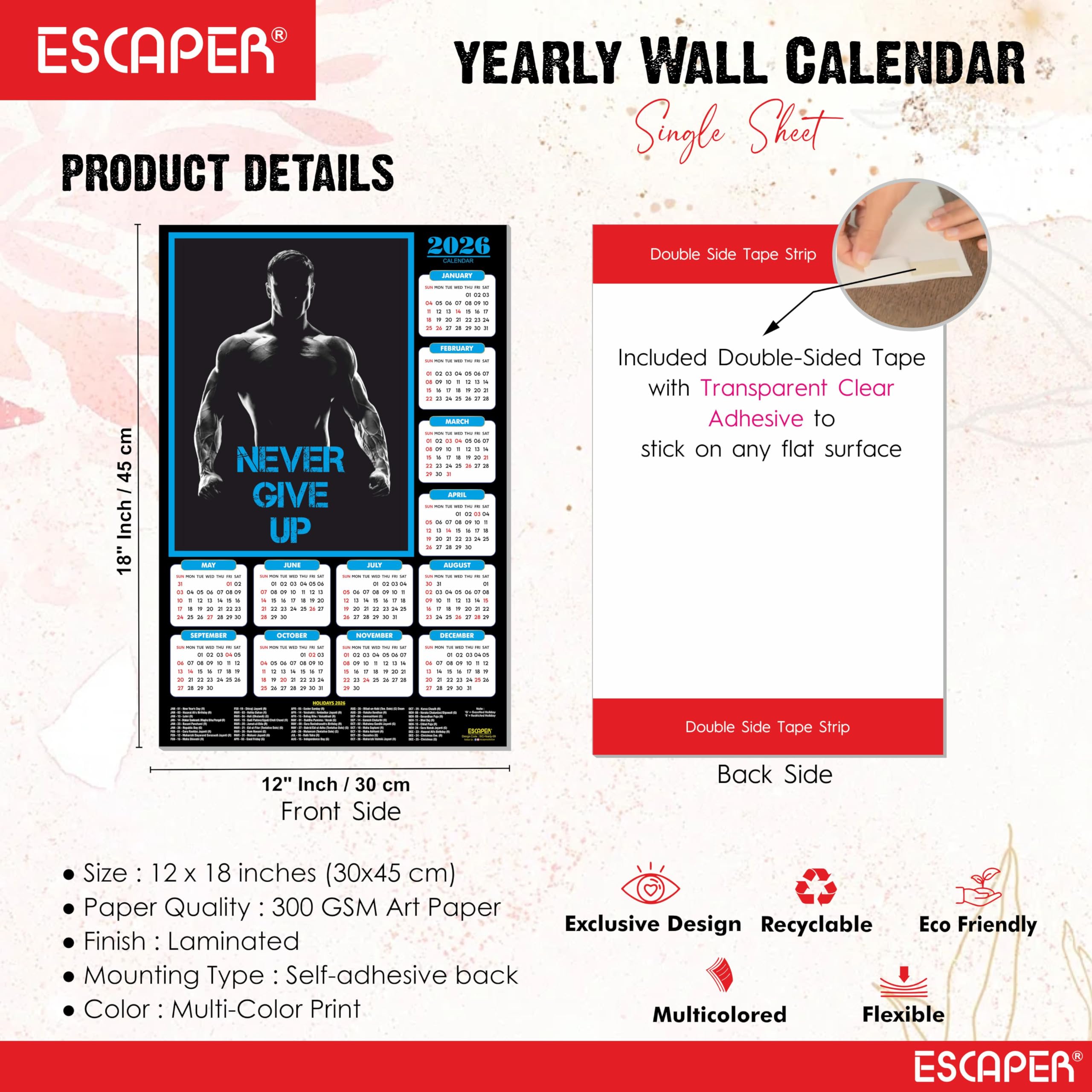 ESCAPER Never Give Up Gym Wandkalender 2026 - 300 g/m² Papier, laminierte Bodybuilder & Workout Motivation, Fitness & Übung Wandkalender für Fitnessstudio, Zuhause oder Fitnesscenter