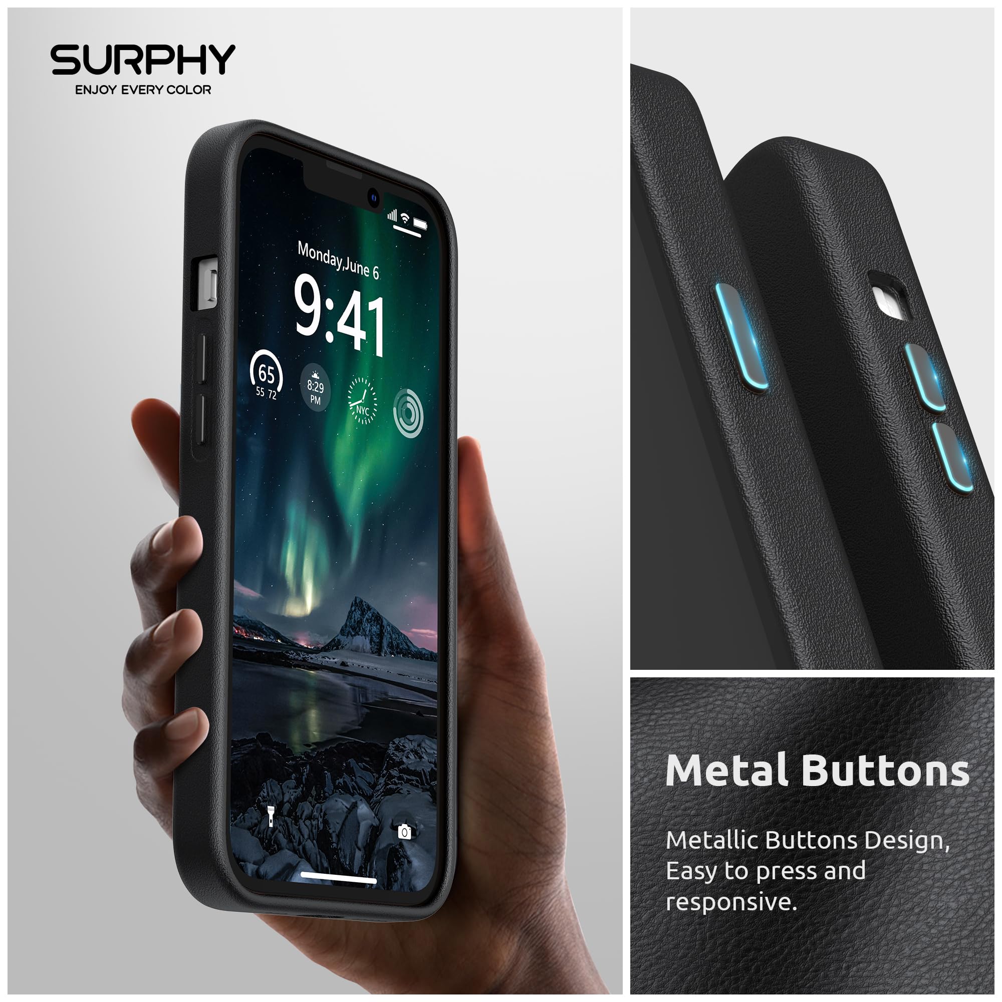 SURPHY Leder-Hülle Für IPhone 13 Pro – Dünnes PU Leder Case Mit Metall-Buttons