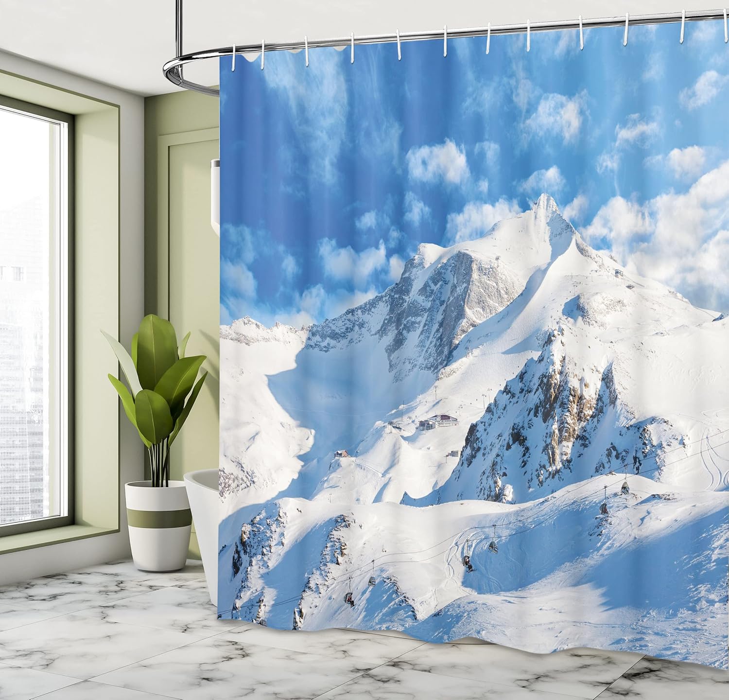 Ambesonne Mountain Shower Curtain, Mountain Landscape Ski Slope Winter Seasonal Sport Telfer and Snowboarding Image, Cloth Fabric Bathroom Decor Set with Hooks, 69" W x 70" L, White Cream