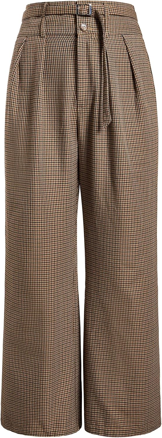 MakeMeChic Women's Plaid Business Pants High Waist Wide Leg Office Work Trousers with Belted