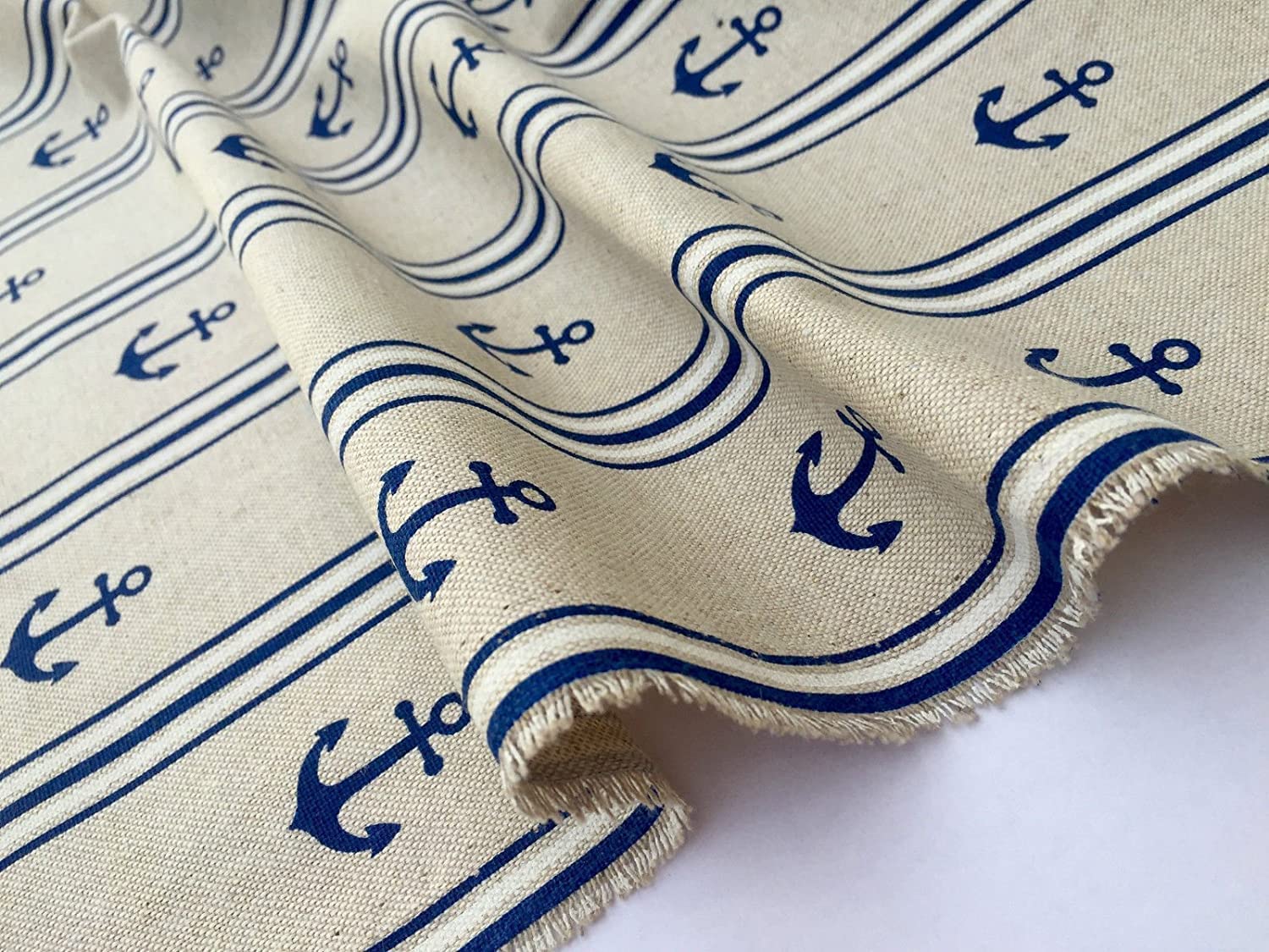 Marine Anchor Stripe Print Fabric - Curtain Upholstery Material - 140cm Wide - Navy Blue & White (1 Metre) - Image 3