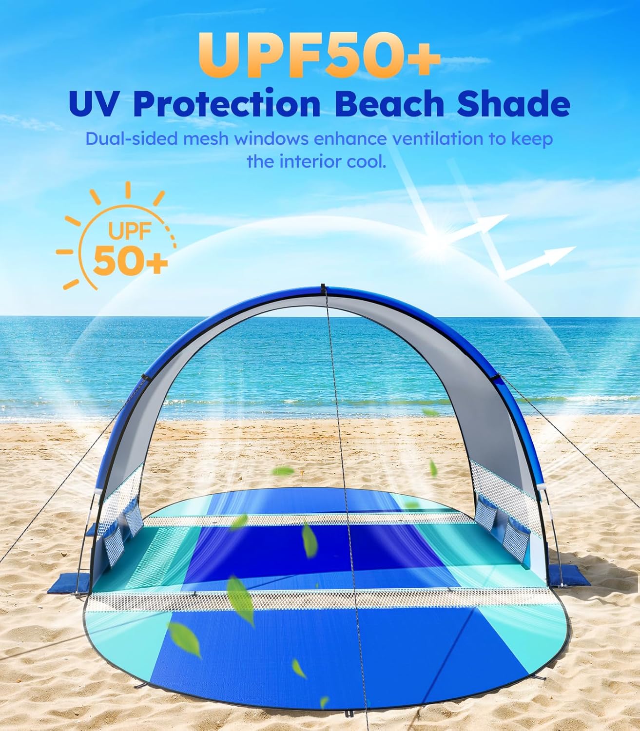Rhino Valley Beach Tent with Double Zippered Doors, Beach Tent Sun Shelter with UPF50+ UV Protection, Beach Canopy Portable Storage Bag for Beach Camping Fishing, for 3-4 People