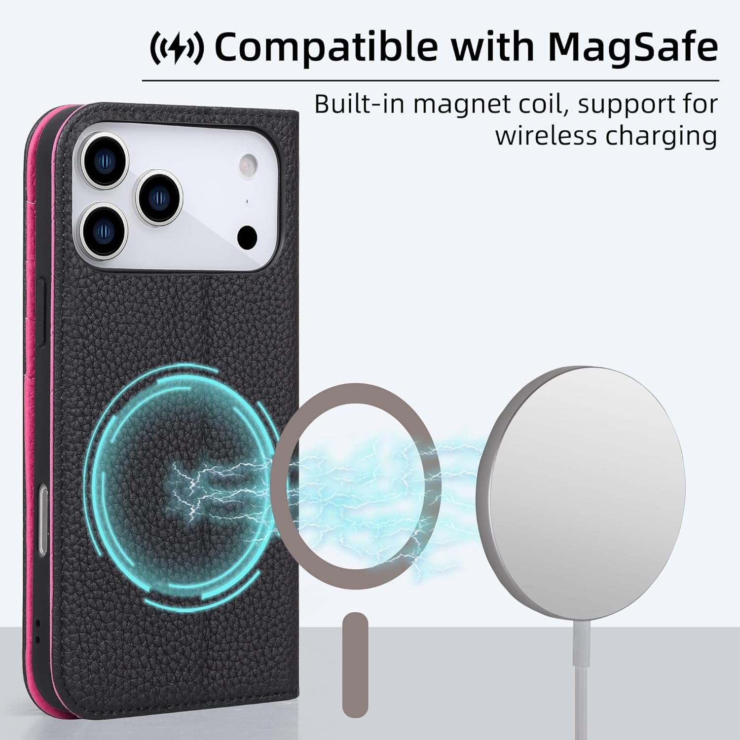 VISOUL Pebbled Leather Wallet Case for iPhone 17 Pro Max 6.9" 2025, Genuine Leather Flip Folio Cover with RFID Blocking Card Holders, Kickstand, Soft TPU Protective Flip Cover -Black+Peach Red - Image 3