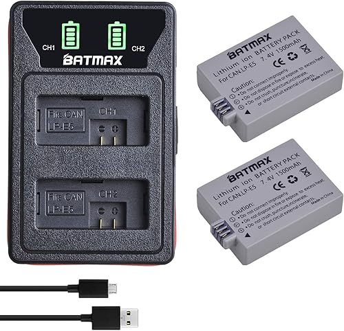 Miniatura 1 de Batmax Paquete de 2 baterías LP-E5 + LED Dual Bulit-in USB cargador con puerto tipo C para Canon EOS Rebel XS, Rebel Xsi, Rebel T1i, 1000D, 500D,
