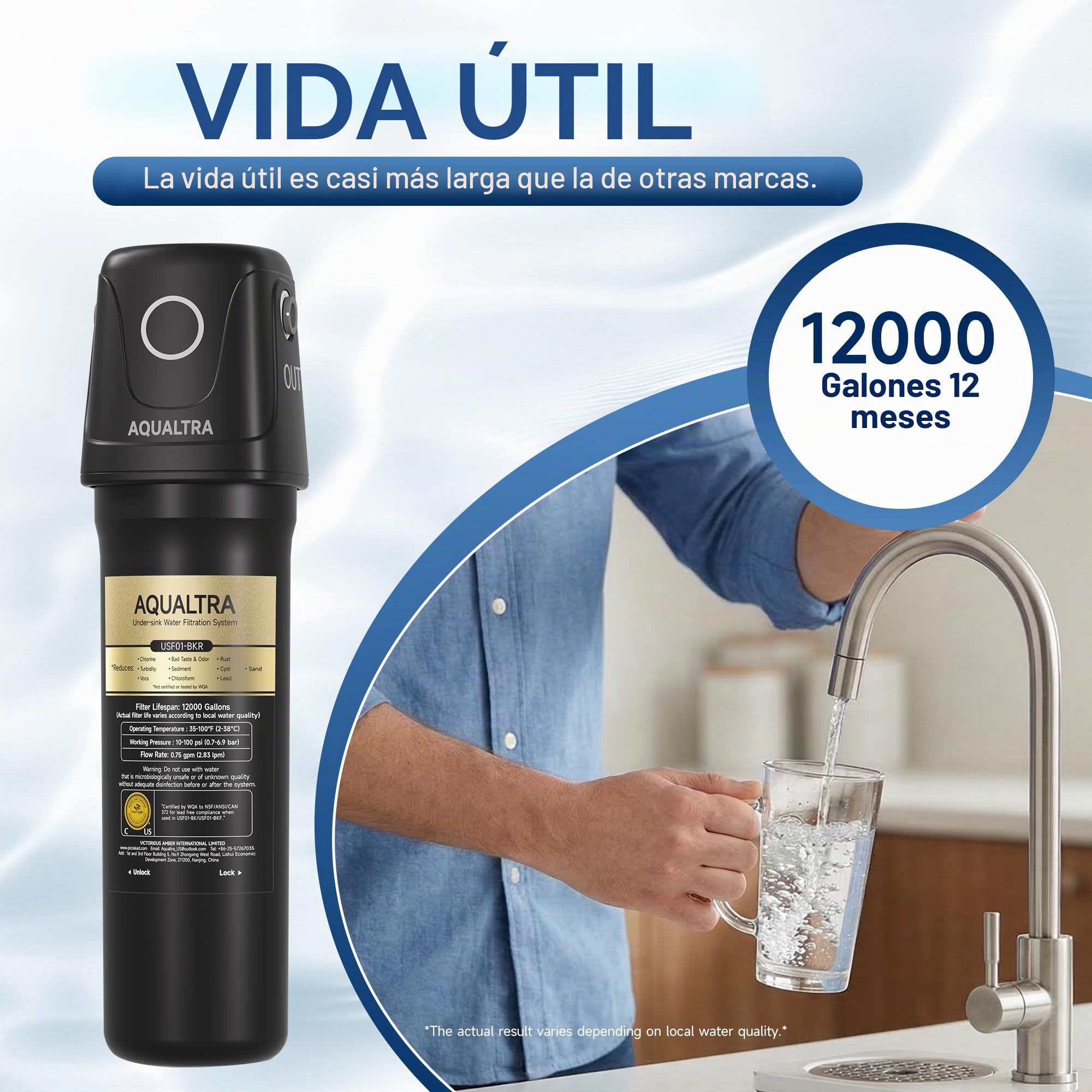 AQUALTRA USF01-BKF Sistema bajo fregadero con grifo, 45400L, certificado NSF/ANSI/CAN 372, reduce PFOA, PFOS, cloro, plomo, mercurio, cloramina, fluoruro, microplásticos, mal sabor & olor